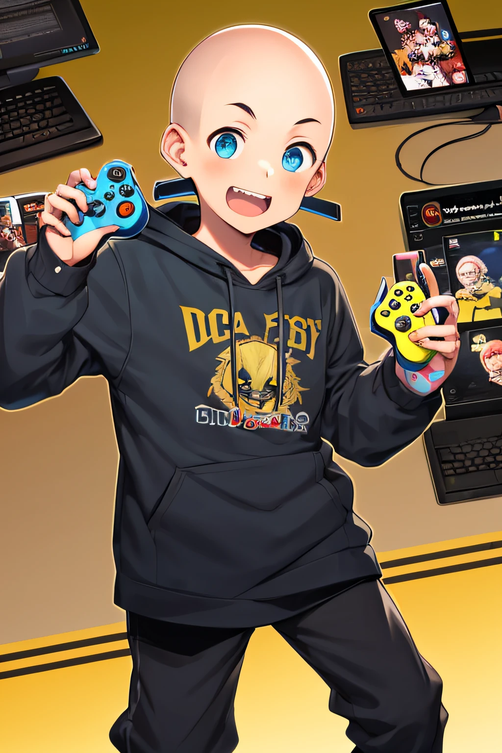 1boy, careca, cinto, moletom laranja, boca fechada, detritos, Video game controller in hand, olhando no visualizador, Foco masculino, linhas de movimento, divertido, sem cabelo, barba rala, anime style