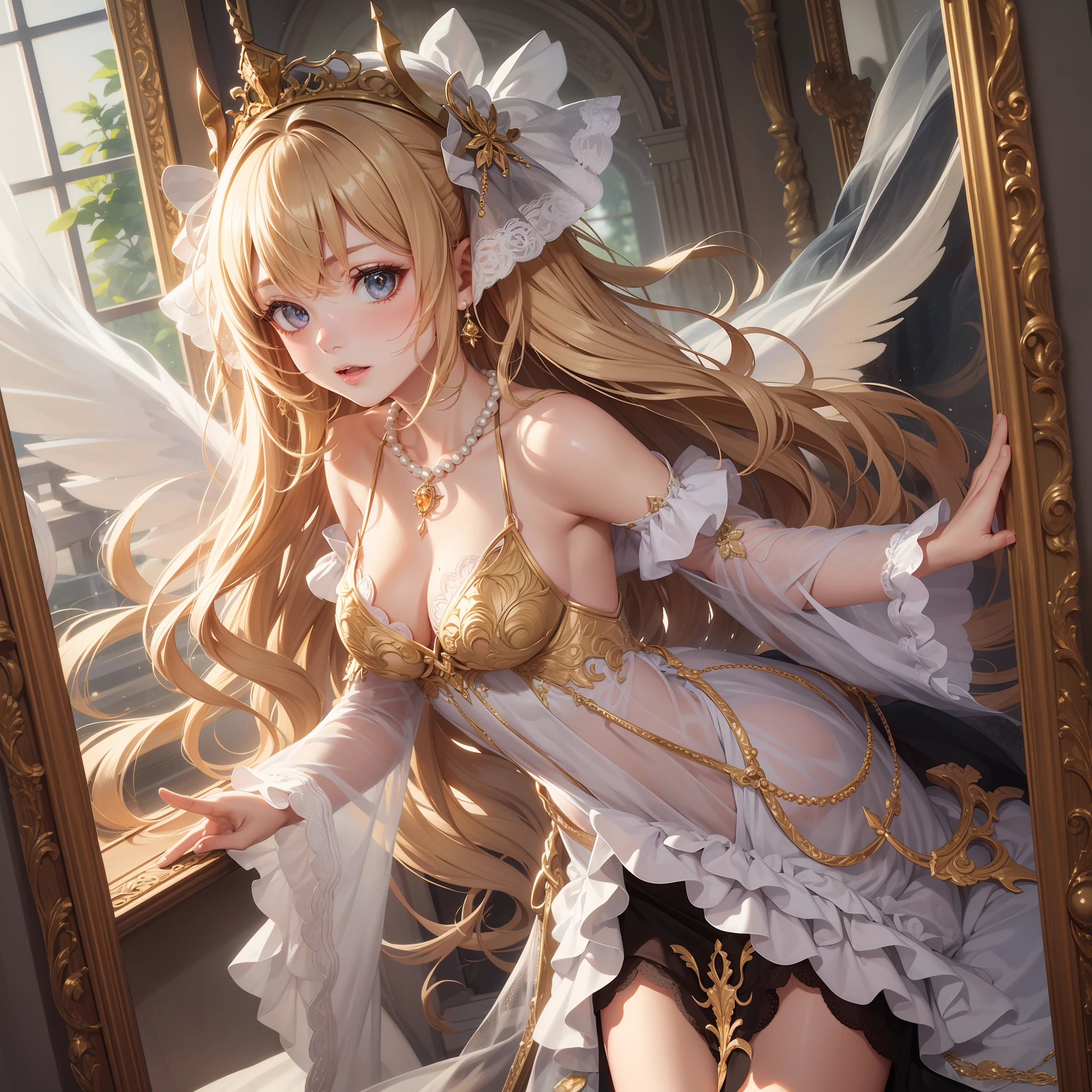 (masterpiece), (best quality), (ultra-detailed), (solo), 1girl, full body, intricate mirror, blonde long wavy hair front, blonde long hair back, pearls necklace, wings lace, embroidery, frills for sleeves, dress silk overlay, asymmetrical gown, crystal witches hat, klubnika skirt