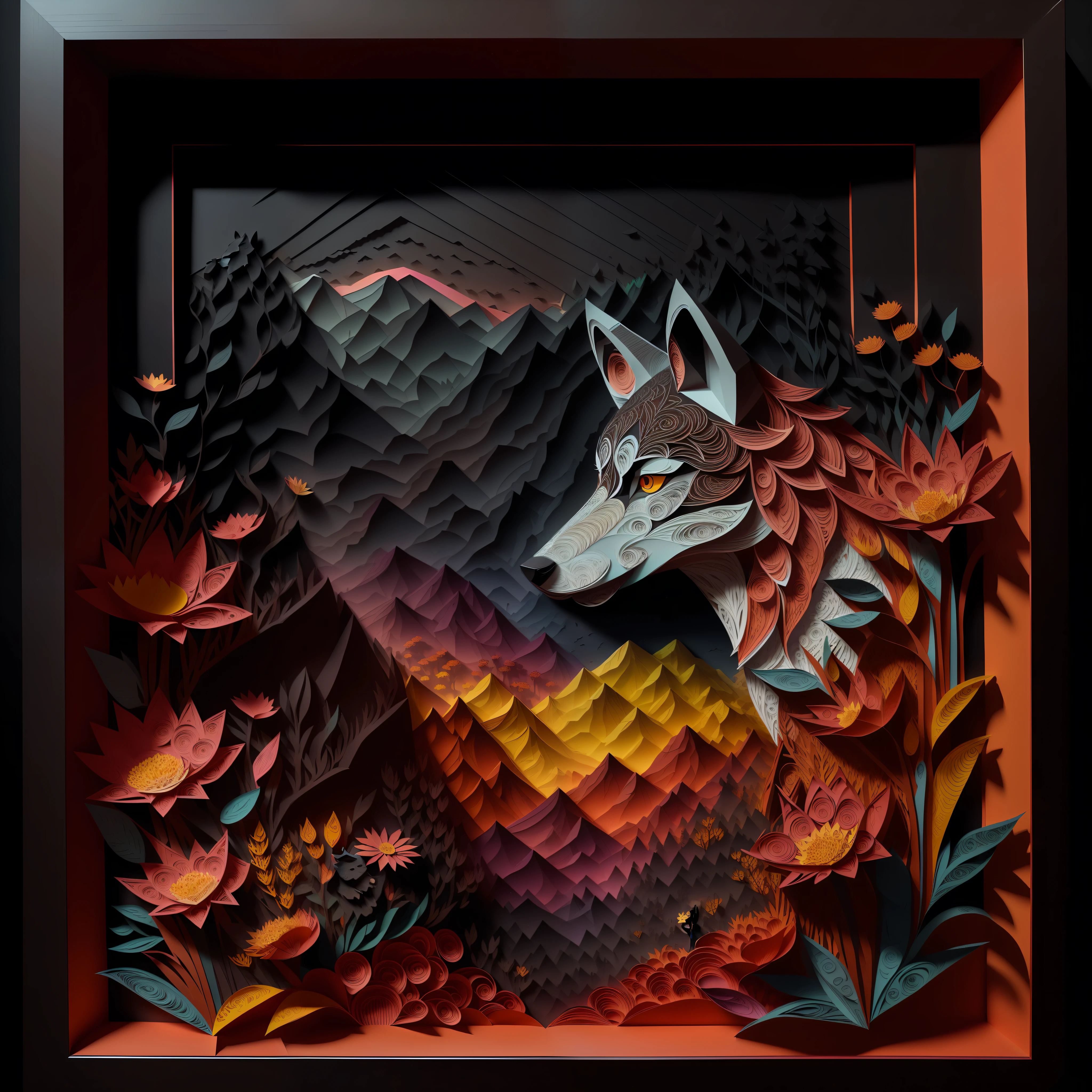 (paper-cut craft,dark square photo-frame:1.2),no-mask,A wolf in the landscape with flowers,gradient red brown colorful,Depth of field,Sony FDR-AX60,