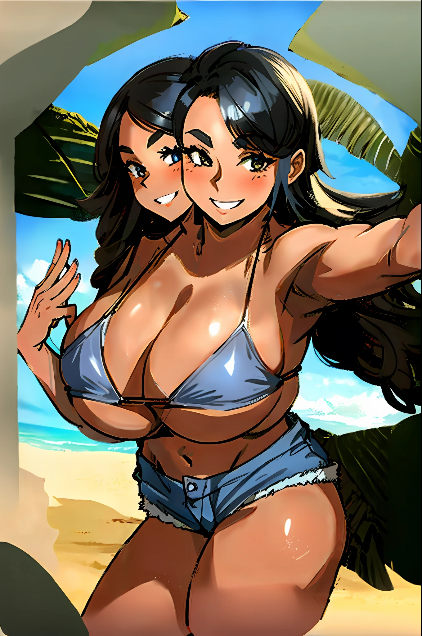 2heads, a short chubby woman with two heads. She has enormous breasts. She is wearing a bikini top with jean shorts. She is outside on a beach. She has massive breasts. She is smiling wide.