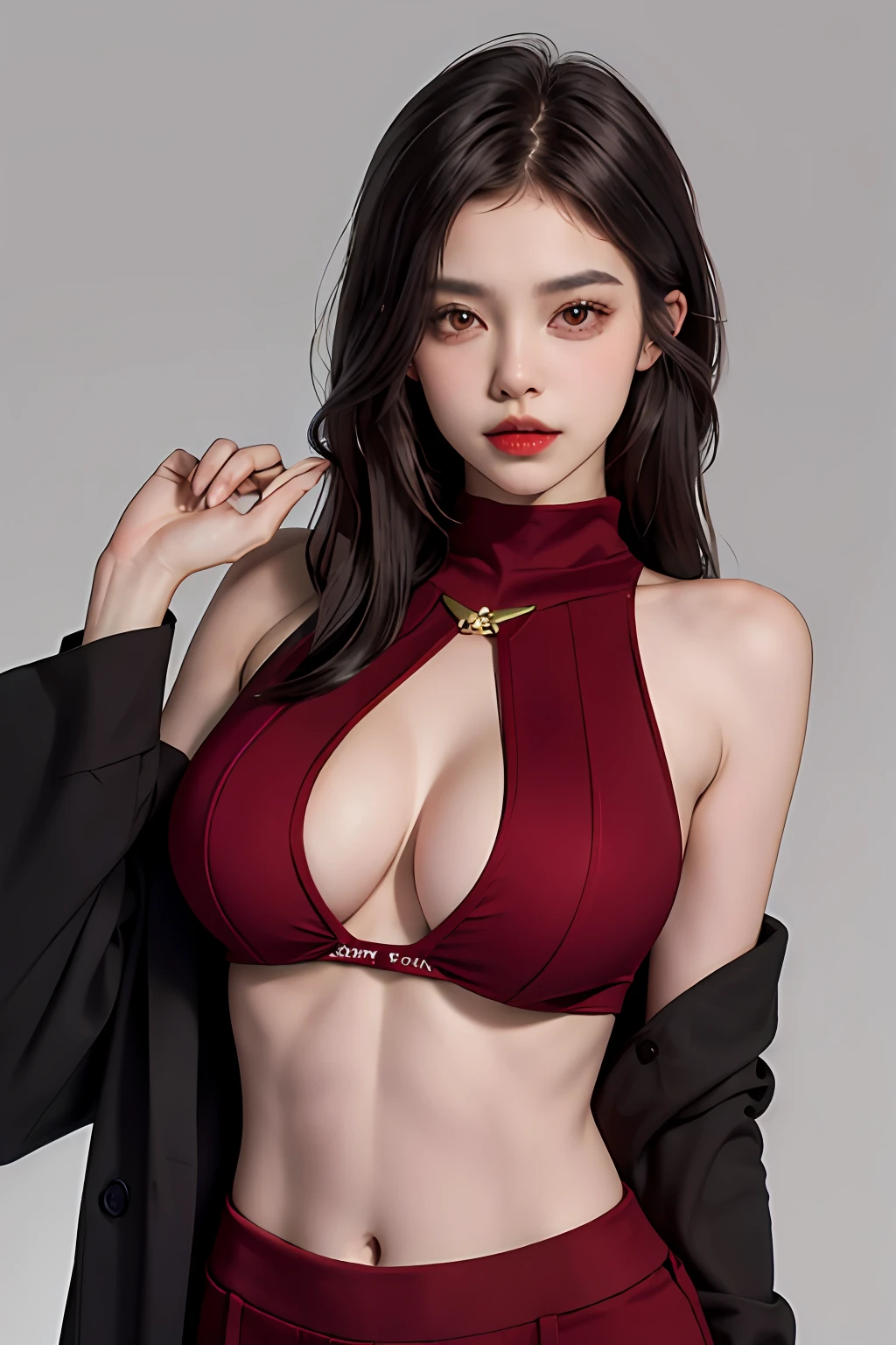 turtle girl, bangss, naked shoulders, Black pantsuit, cleavage of the breast, Breasts squeezed together, grey backdrop, hair between eyes,, length hair, View viewer, trouser, Parting lips, red eyes, lifiting shirt, simplebackground, Sleeveless, Sleeveless shirt, 独奏, highnecksweater, V臂, white hair,(Shiny skin),(masterpaintings:1.4),(optimal quality:1.4),,,Facigirl,red lip,Perfect abs,Belly Navel,(:1.5),(Clear areola), ,gigantesco,sweat leggs,,Chest exposure,No coat,red sweater,Large big tits,TOPLESS,There is no cloak,