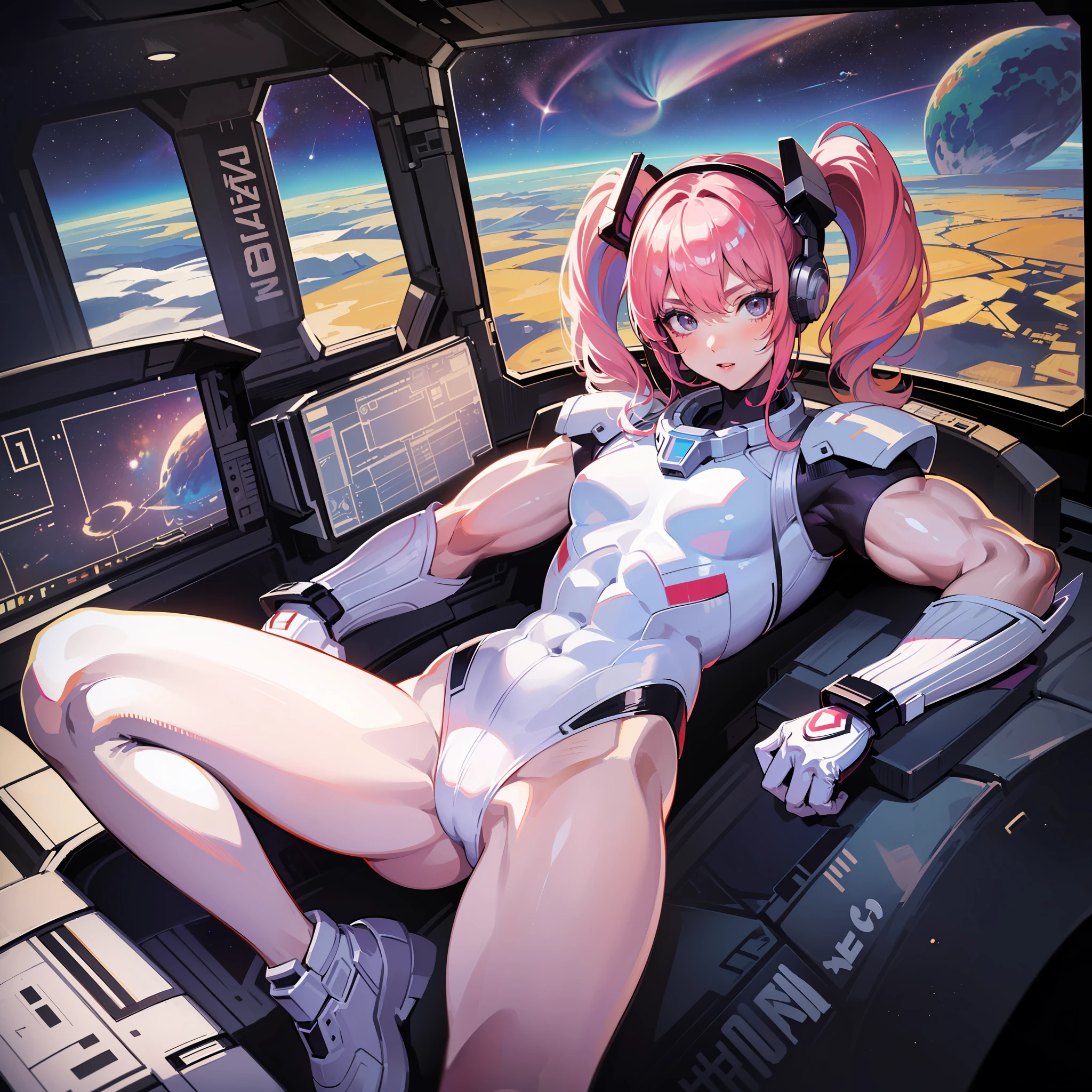 ((Masterpiece)), ((Highest image quality)), (Highest image quality)), (((Illustration of one adult)), Full body, (((25 years old)), (Face is female, Body is male)), (Pink hair twintails)), Light gray eyes, (((Tall)), ((Flat)), (Small breasts), (Muscular strong man's body)), (Muscular strong man's body)), (Muscular chest plate)), Abs, (( Muscular and thick arms)), (((muscular and thick legs)), ((manspreading)), open legs, ((white pilot suit)), ((in the cockpit)), (space on the monitor, Earth seen from space, spaceport)
