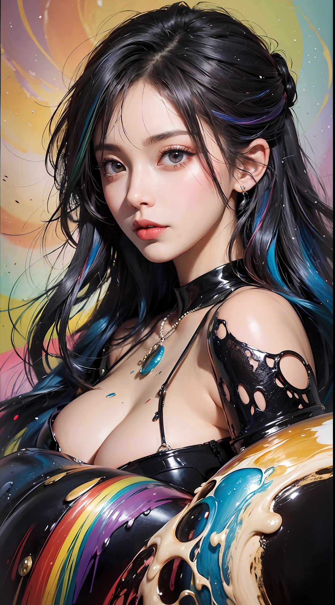 (level difference: 1.8),(Paint colliding and splashing on canvas),(depth of field),Cute creature,elegant, strong between boho and modern. With many colors and no defined (liquid paint rainbow hair:1.1) made of paint and defies gravity, thick flow, (splashes of paint: 1.3), liquid state, beautiful, masterpiece, detailed background, high quality model, ethereal background, abstract beauty, explosive volume, oil painting, heavy brushstrokes, romantic lighting, sub-surface Scattering, lens 135mm, f1.8, brightness, 8k, high resolution, dreamy, ray tracing, hdr, divine rays,
