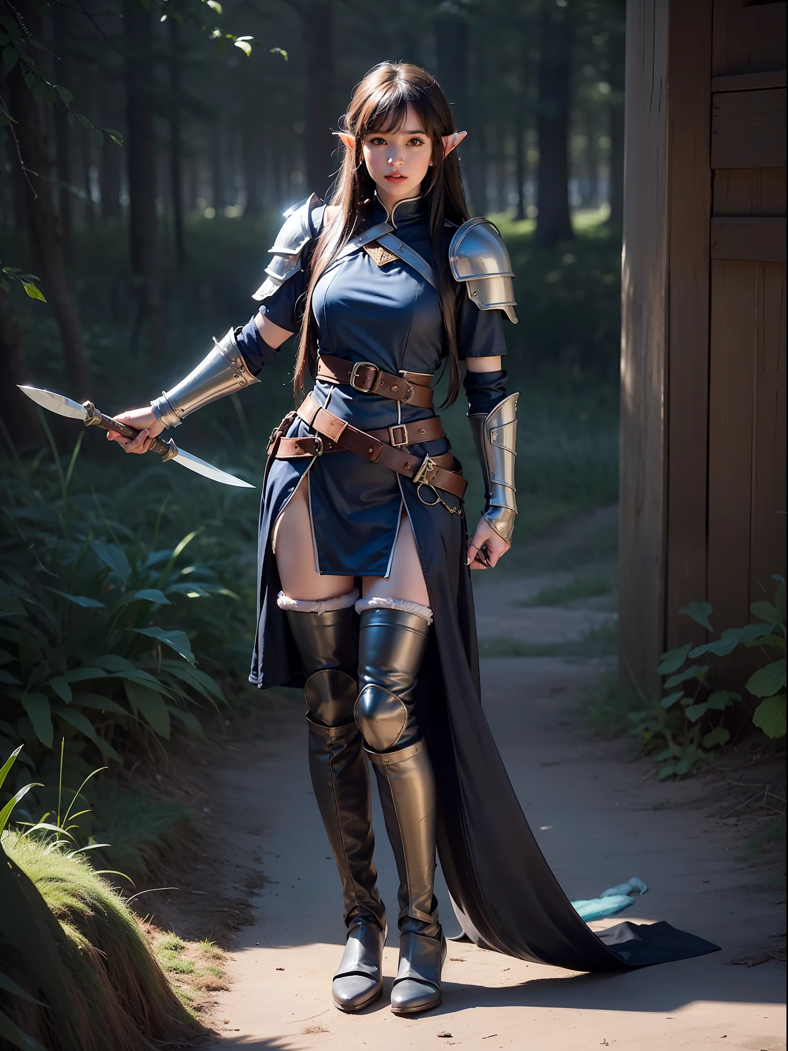 Best quality, masterpiece, ultra high res, (photorealistic:1.4), raw photo, 1girl, offshoulder, in the dark, deep shadow, low key, cold light, blue eyes, elf ears, black long hair, bangs, leather fantasy clothes, elf girl, big bust, cute face, full body, medieval , (((full body))), silver details, medirva, clothes, detailed face, boots, (((magic staff))), arrow, knife in belt, (((shoulder armor))), elegant, ((furr))