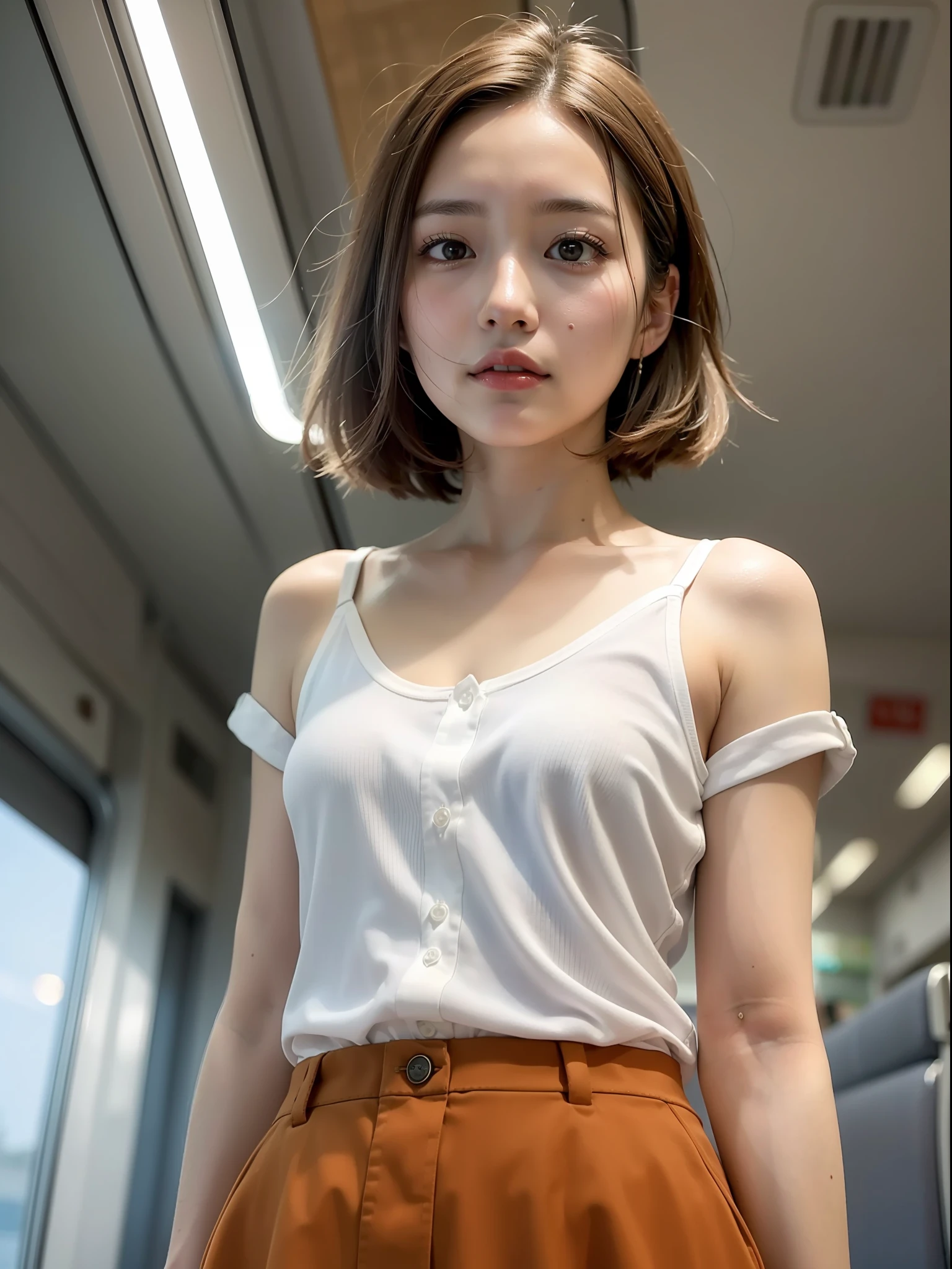 ((top quality, 8k, masterpiece: 1.3, raw photo)), Sharp Focus: 1.2, (1 aespa girl: 1.2), (Realistic, Photorealistic: 1.37), (face focus: 1.1), cute face, small breasts, flat chest, messy shirt hair, (white camisole: 1.1), business skirt, standing, in the train, look back, slim hip, sunlight, movie lighting, from below