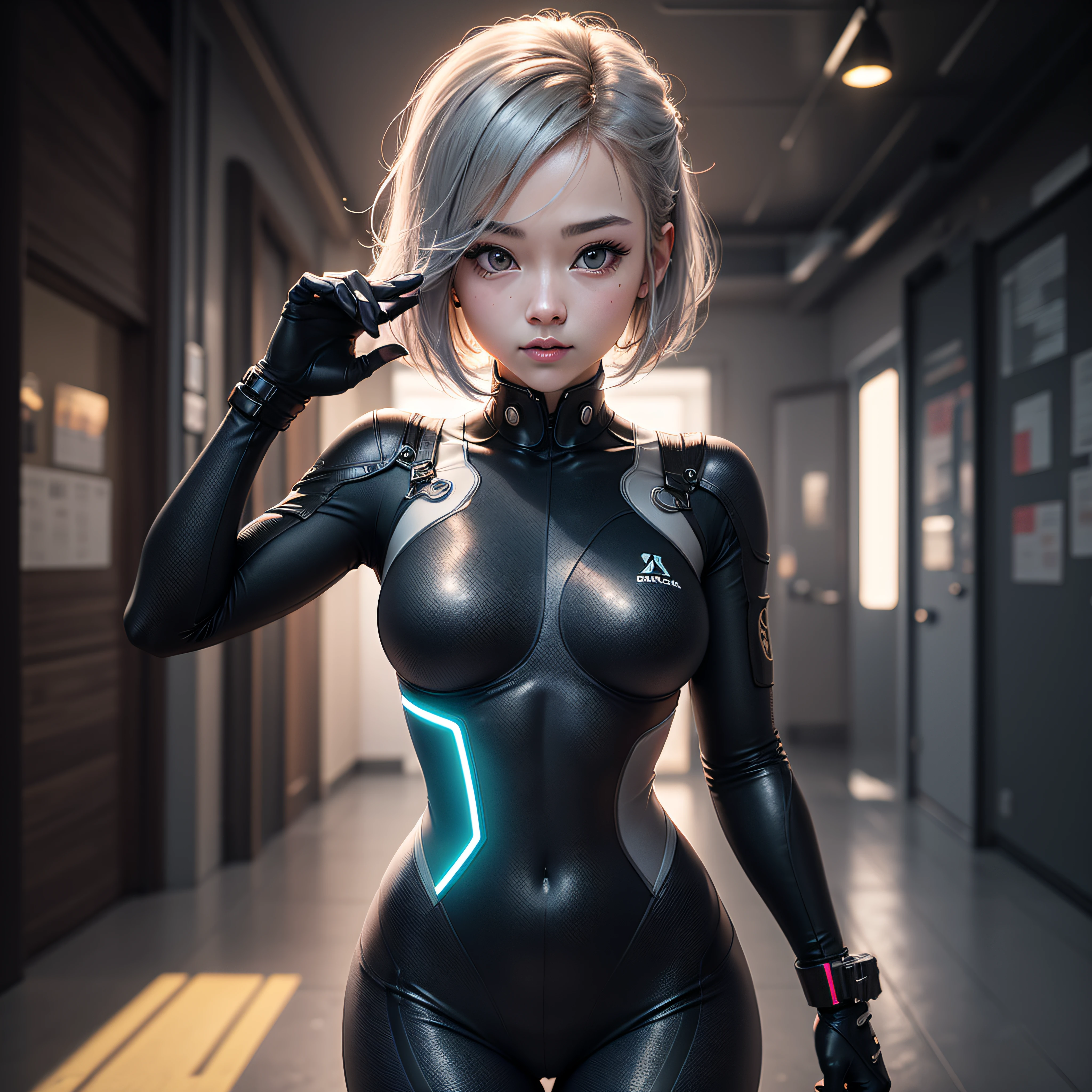 (in 8K、Raw photography、最好质量、A masterpice:1.2)、(Realistic、photoreallistic:1.37)、(aegyo sal:1)、a Pretty、Professional Writing、photon maping、Physically Based Rendering、bob cuts、Mechanical parts、Gray eye、Black tight suit、Night、Neon light、a Pretty、cyberpunked、Clear background、Whole human body --auto