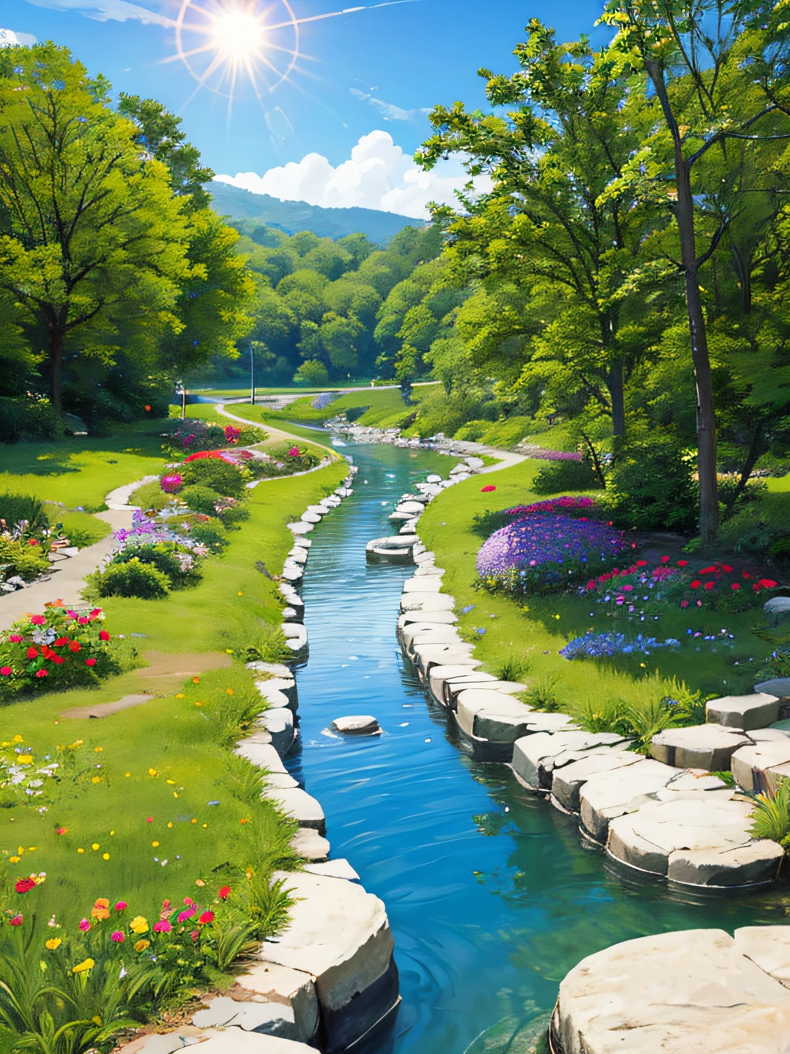 正面，comic strip，Sorissos，wintern，outskirts，Multicolored flowers，and the sun is shining，（Colorful flowers），Little River