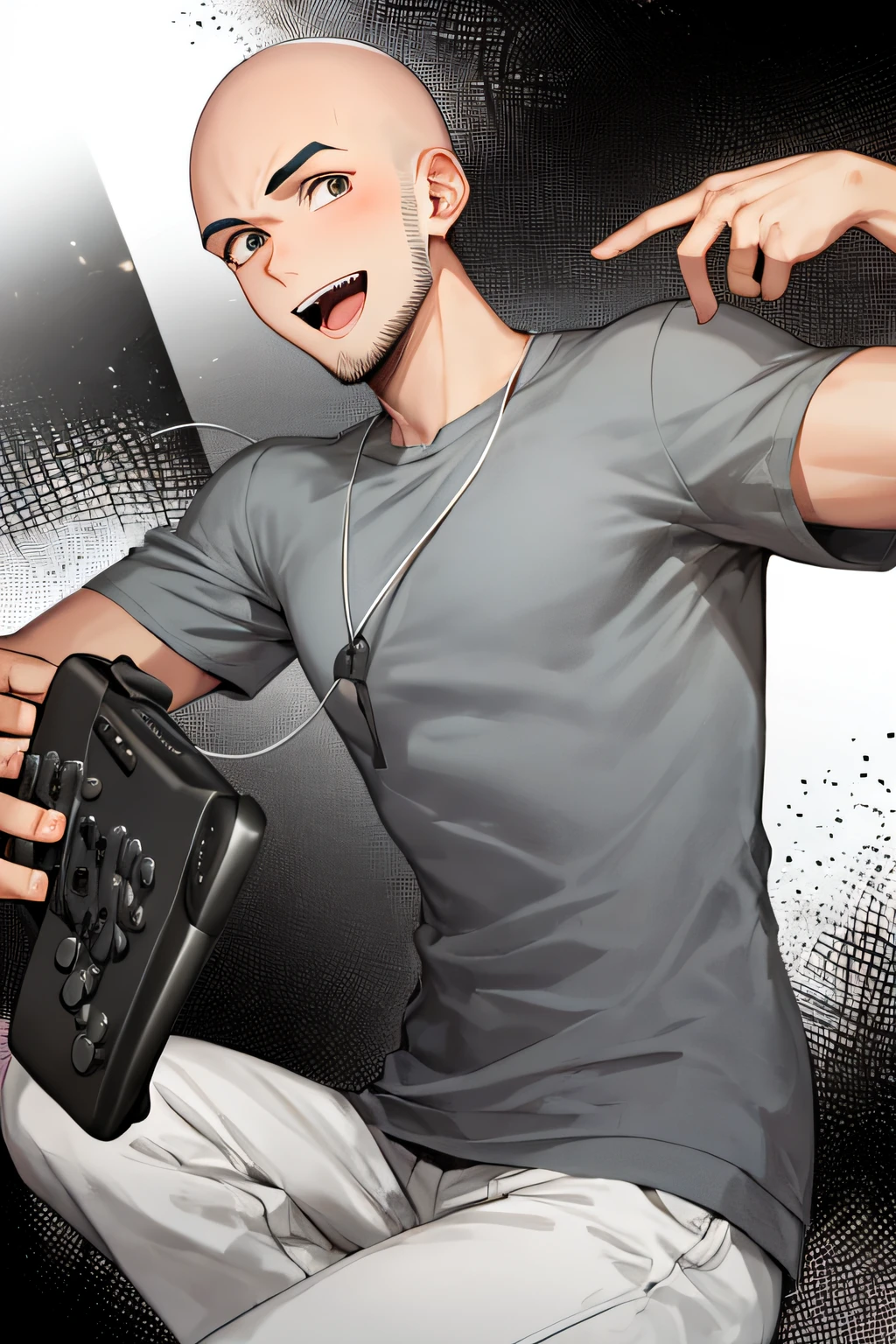 1boy, adulto, careca, cinto, moletom laranja, boca fechada, detritos, Video game controller in hand, olhando no visualizador, Foco masculino, linhas de movimento, divertido, sem cabelo, no hair, thin beard, anime style
