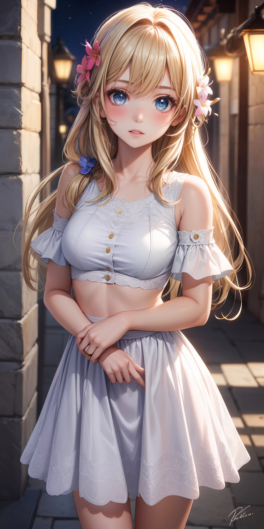 realista, 1girl, cabelo branco, olhos roxos, olhos brilhantes, top cropped, saia, half-open lips, blush, noite, flores.