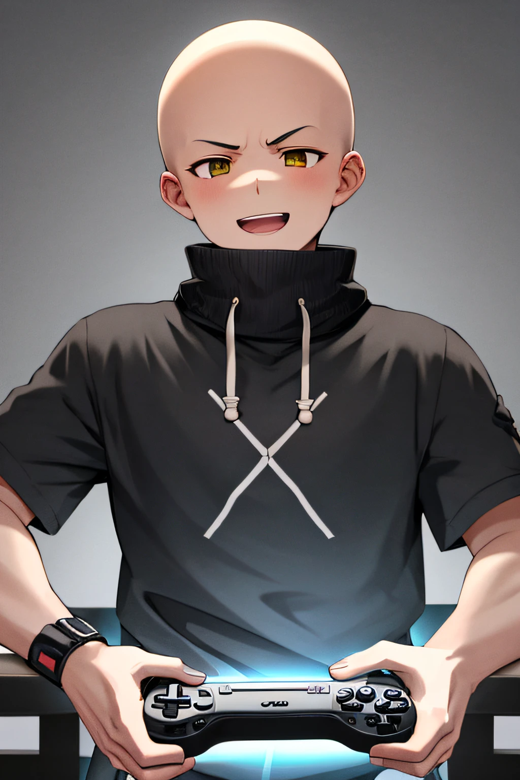 1boy, adulto, careca, cinto, moletom laranja, boca fechada, detritos, Video game controller in hand, olhando no visualizador, Foco masculino, linhas de movimento, divertido, sem cabelo, no hair, thin beard, anime style