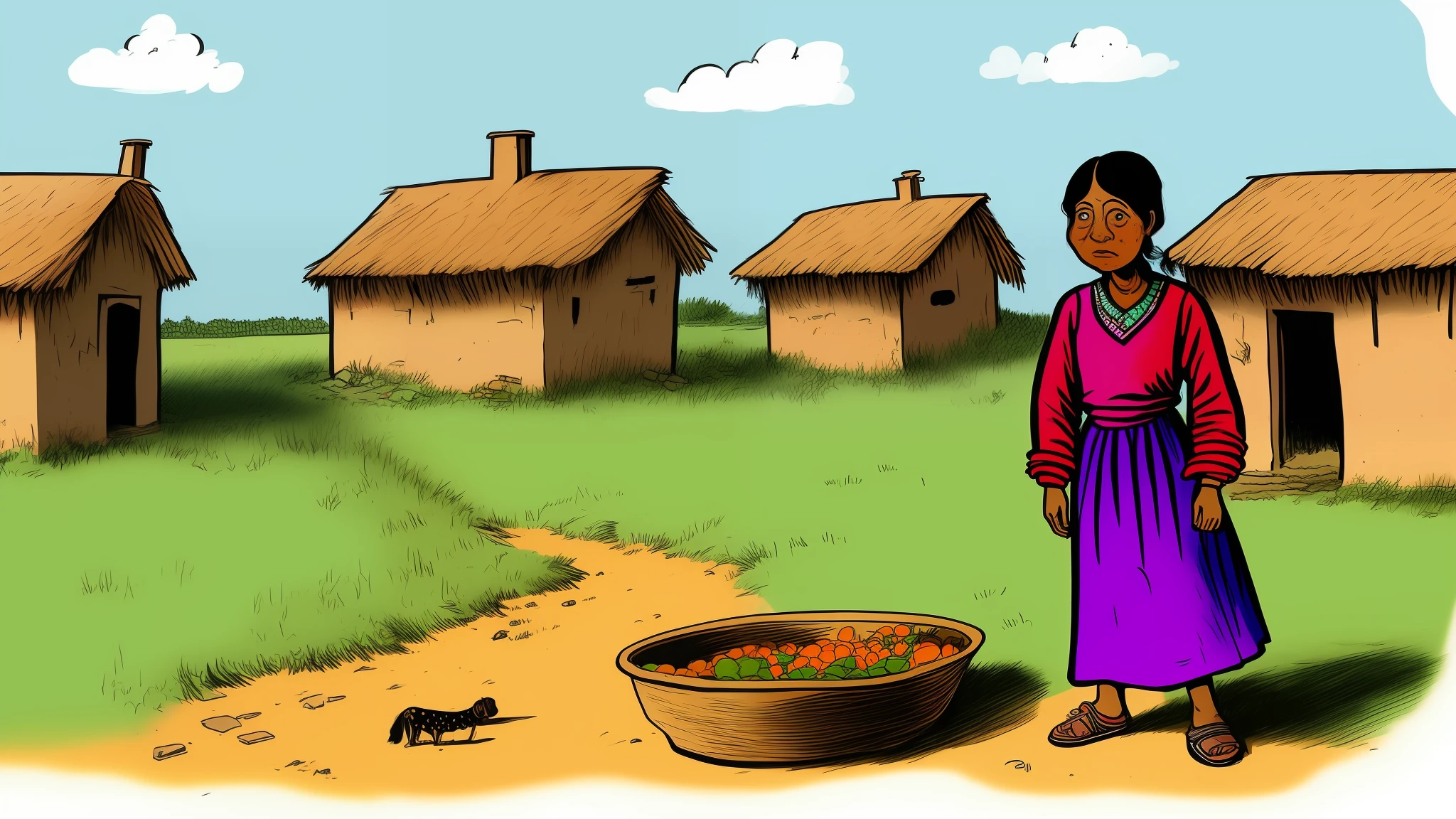 A poor young woman in village in cartoon