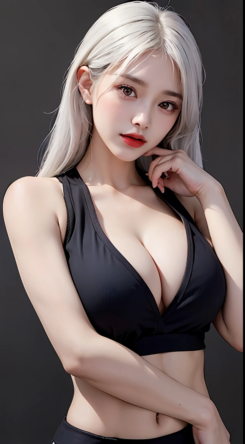 turtle girl, bangss, naked shoulders, Black pantsuit, cleavage of the breast, Breasts squeezed together, Solid gray background, hair between eyes,, length hair, View viewer, trouser, Parting lips, red eyes, lifiting shirt, simplebackground, Sleeveless, Sleeveless shirt, 独奏, highnecksweater, V臂, white hair,(Shiny skin),(masterpaintings:1.4),(optimal quality:1.4),,,Facigirl,red lip,Perfect abs,Belly Navel,(:1.5),(Clear areola), ,gigantesco,sweat leggs,The chest is exposed,Large big tits,Upper body photo,