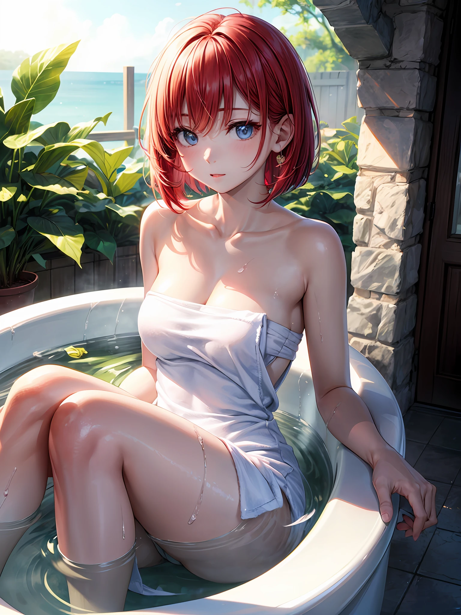 最好质量、One girl、Red hair、Blue eyes、Small face、blhushed face、Shorthair、Bob Hair、large tits、Emphasis on the chest、Constriction、Wear a bath towel、beauty legs、fair complexion、outdoor bath、No people、Background blur、