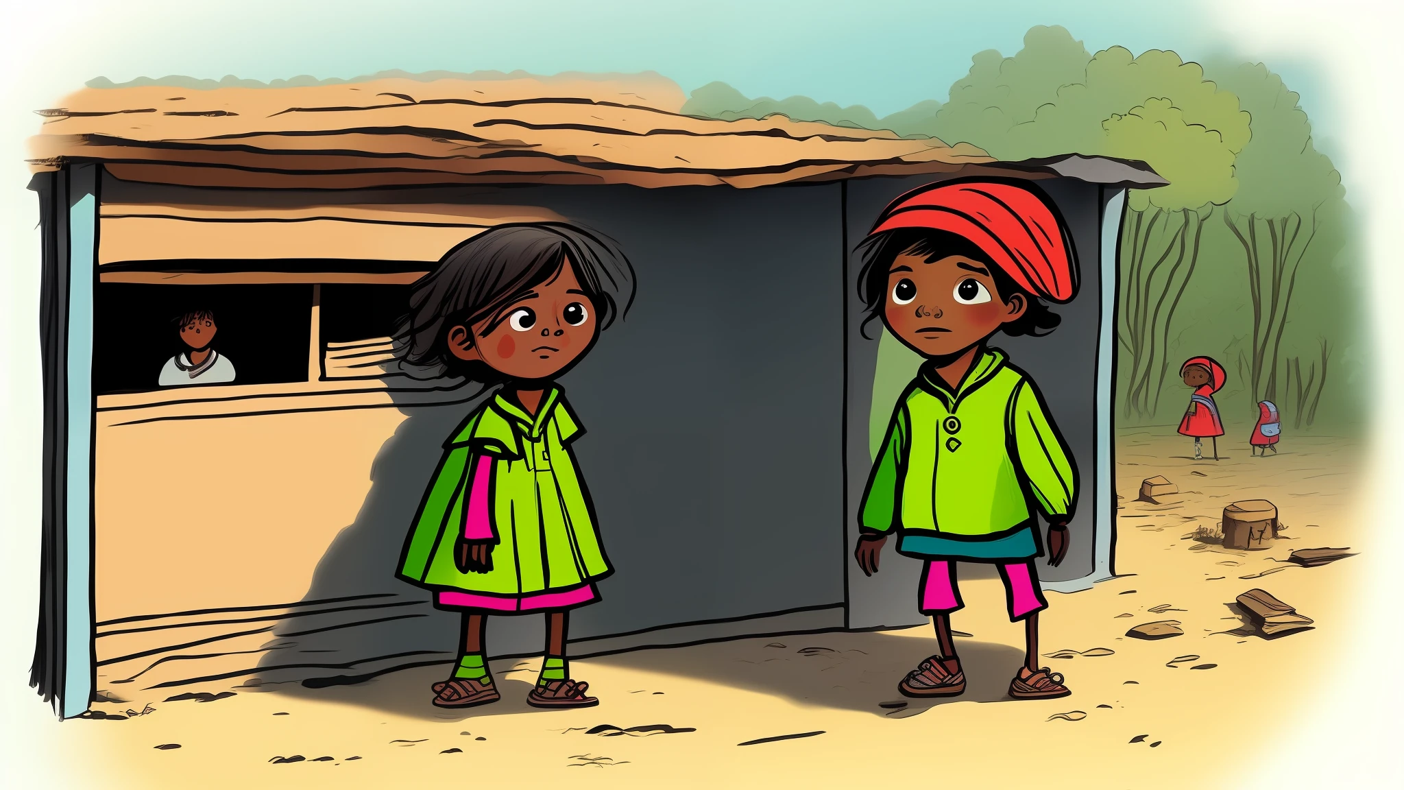A poor young girl in village in cartoon