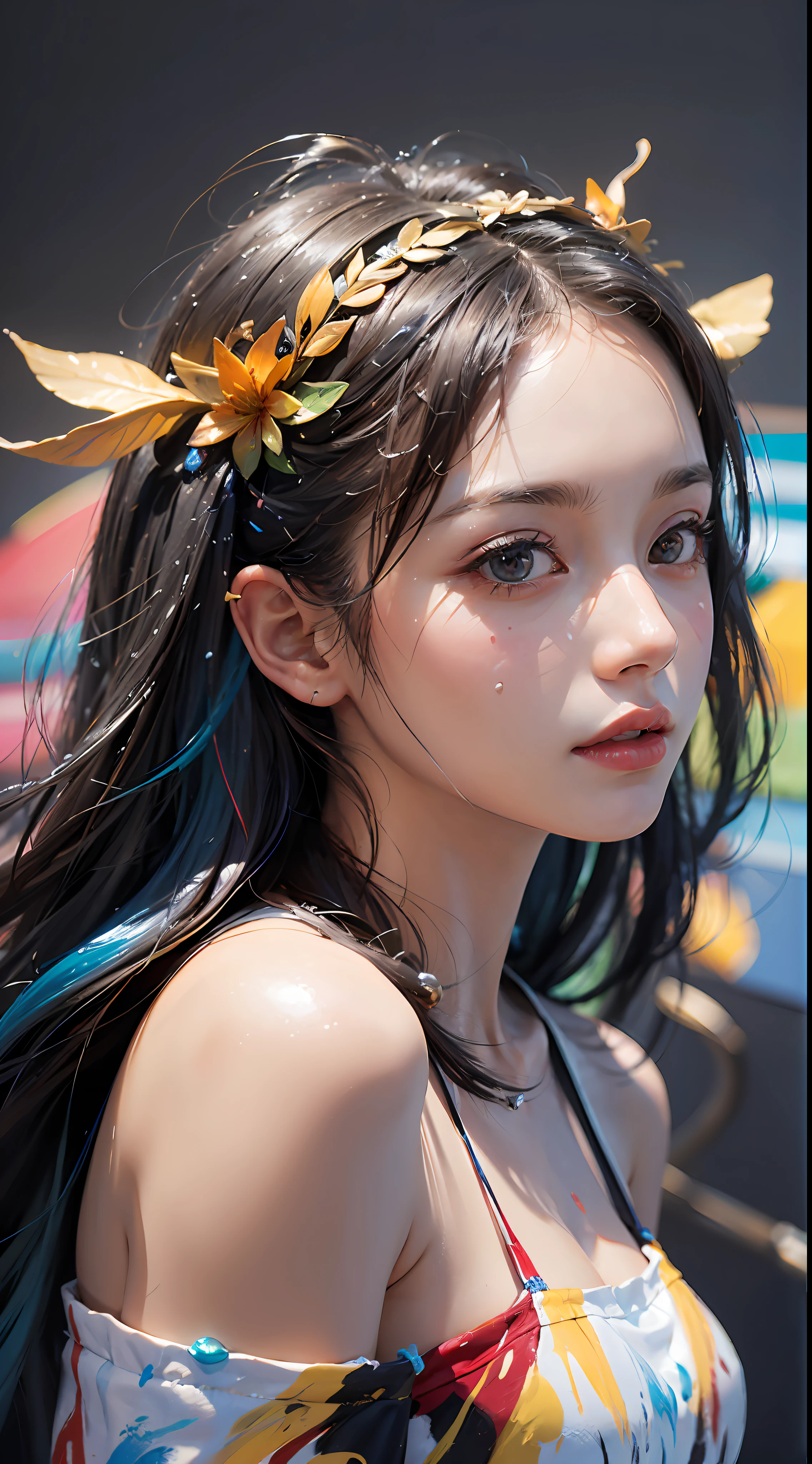(level difference: 1.8),(Paint colliding and splashing on canvas),(depth of field),Cute creature,elegant, strong between boho and modern. With many colors and no defined (liquid paint rainbow hair:1.1) made of paint and defies gravity, thick flow, (splashes of paint: 1.3), liquid state, beautiful, masterpiece, detailed background, high quality model, ethereal background, abstract beauty, explosive volume, oil painting, heavy brushstrokes, romantic lighting, sub-surface Scattering, lens 135mm, f1.8, brightness, 8k, high resolution, dreamy, ray tracing, hdr, divine rays,