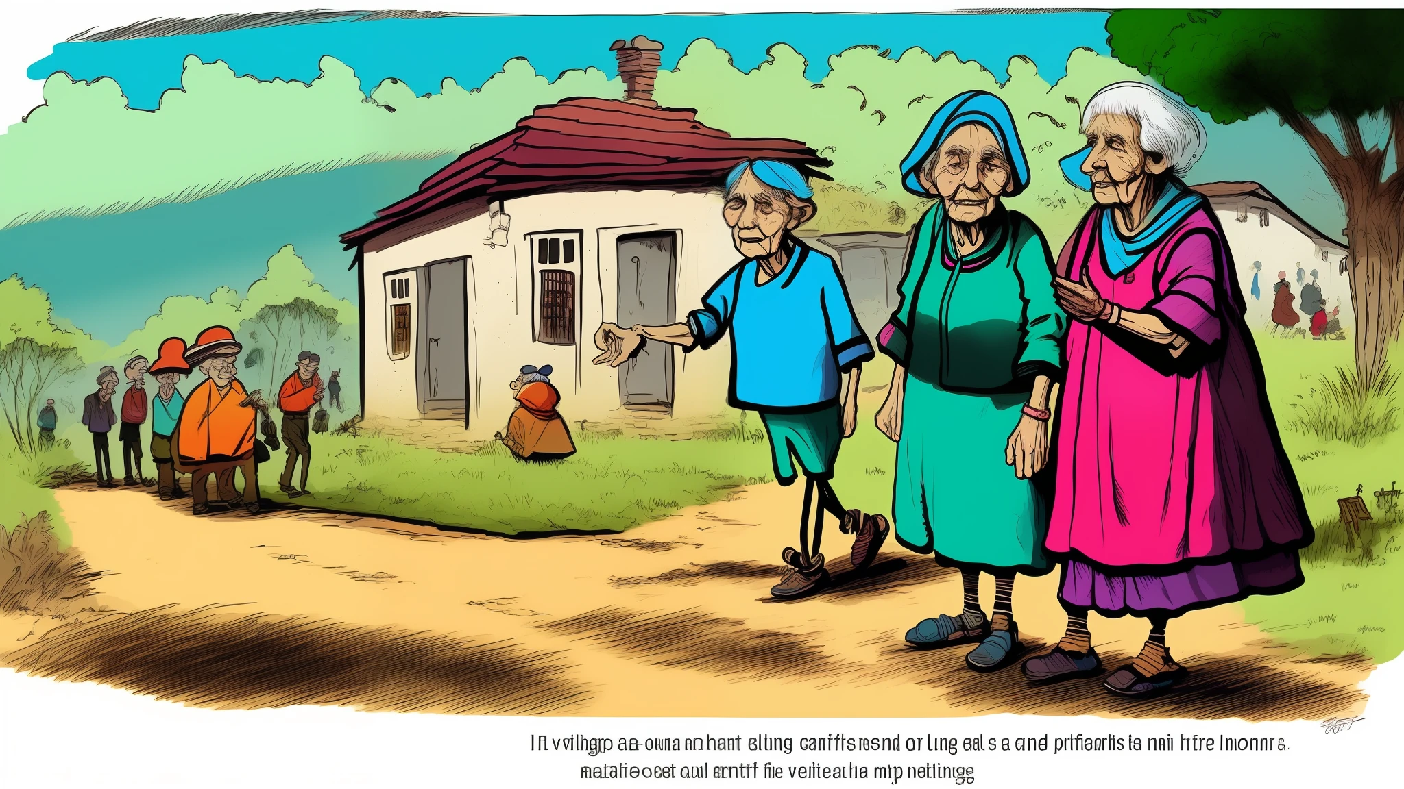 A old woman and man in village in cartoon