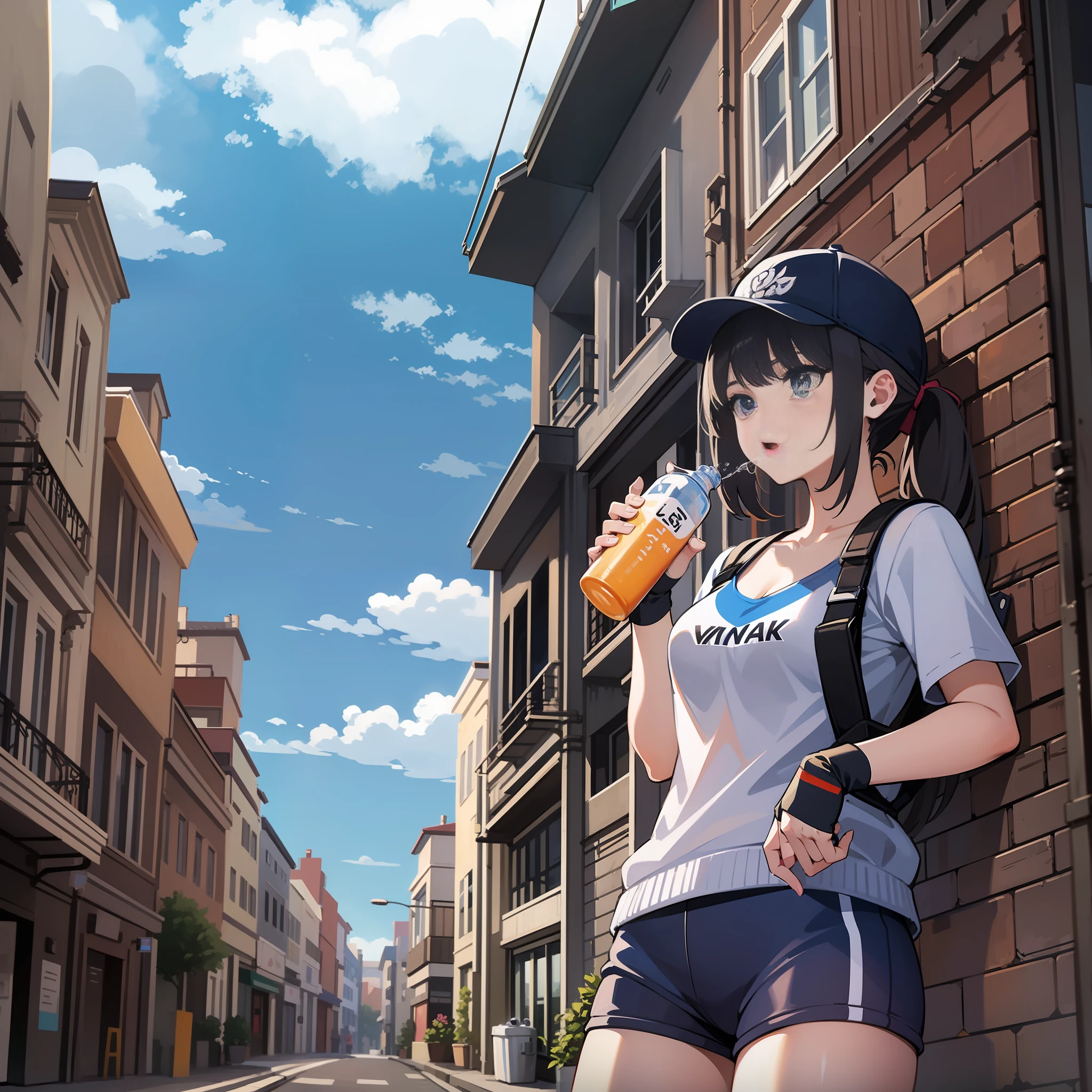 teenager girl　sports　bottle　Drink water　A blue sky　street　cyberpunked　high picture quality