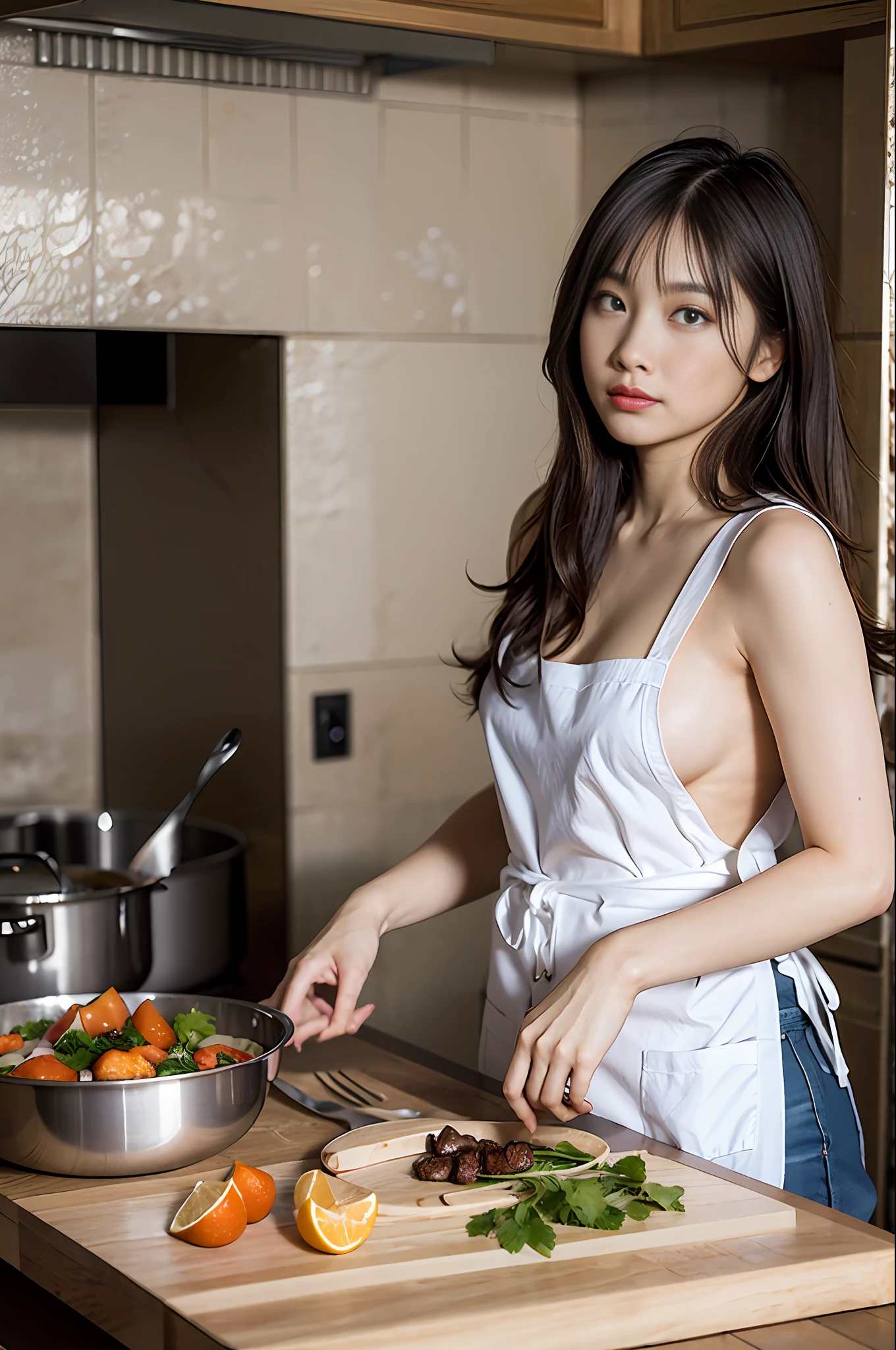 {{Far Wide Shot}}, quality, ultra realistic, (real:1.3), photorealistic photography, sharp focus, hyper detail, detail, background, attractive, beautifully detailed eyes, (detailed skin), small, full body, pretty woman cooking in naked apron, from the side,