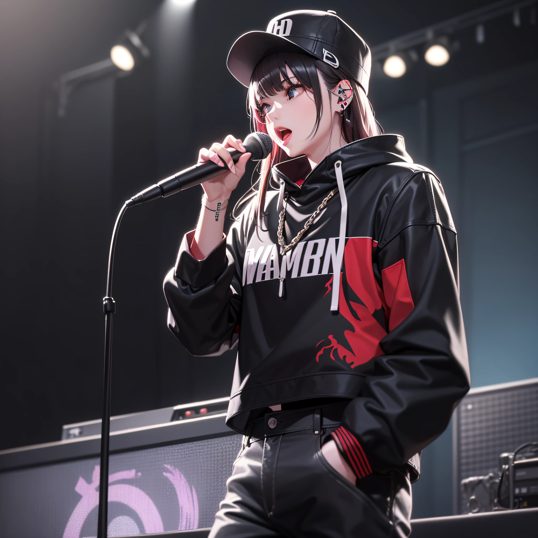 rapper singer on stage with microphone in hand, Detailed, ultra hyperrealistic, (Maste Piece:1.4), 32k Ultra Hd, rock concert, light black pants, 最好质量, Night, light black, Stylish, band, (painting inspired by real life, maximum reality, Maximum Detail, Black Cap, rapper, rapper