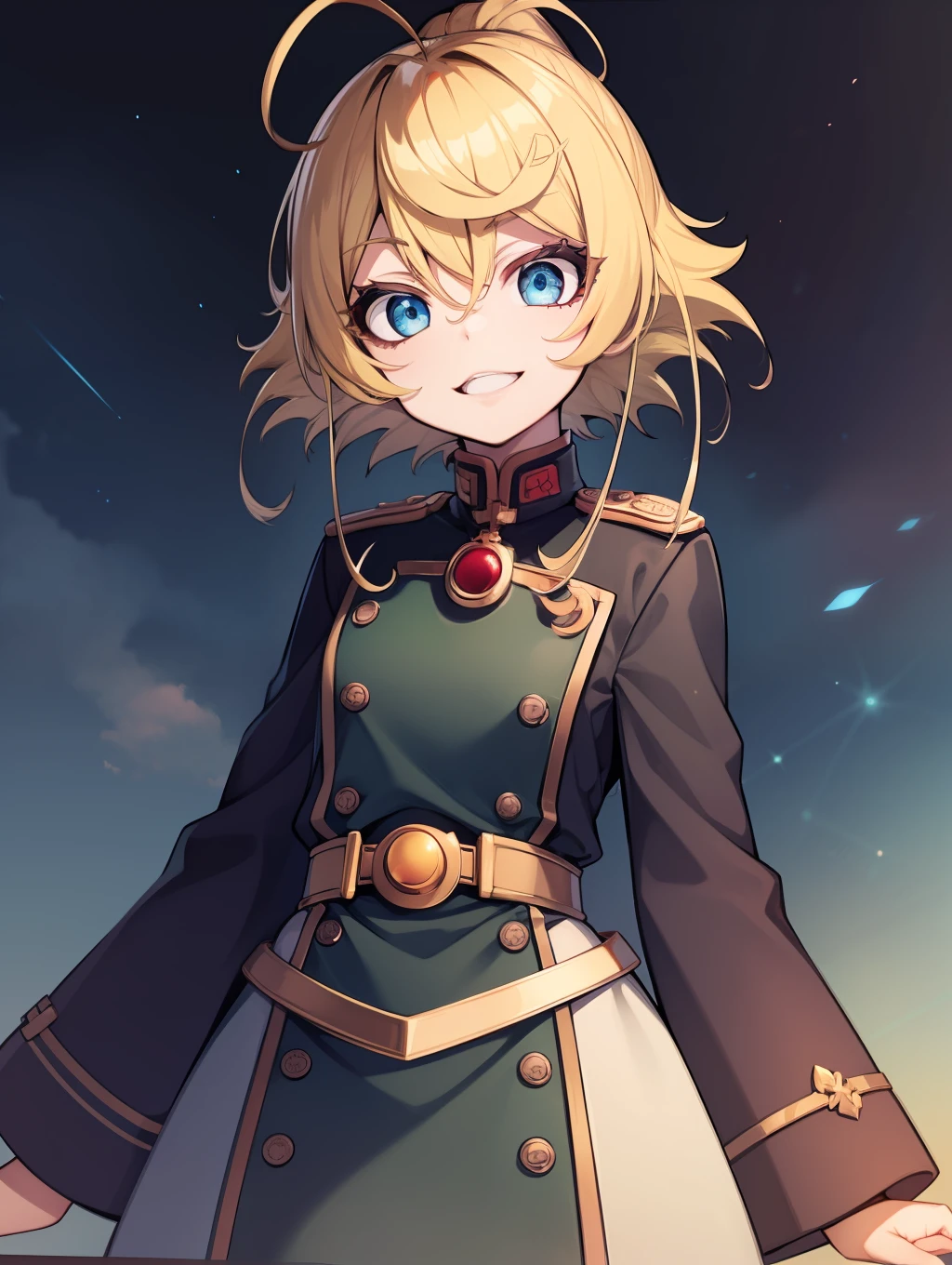tanya degurechaff, uniforne miitar, sorriso maligno, pequena estatura, olhos assassinos