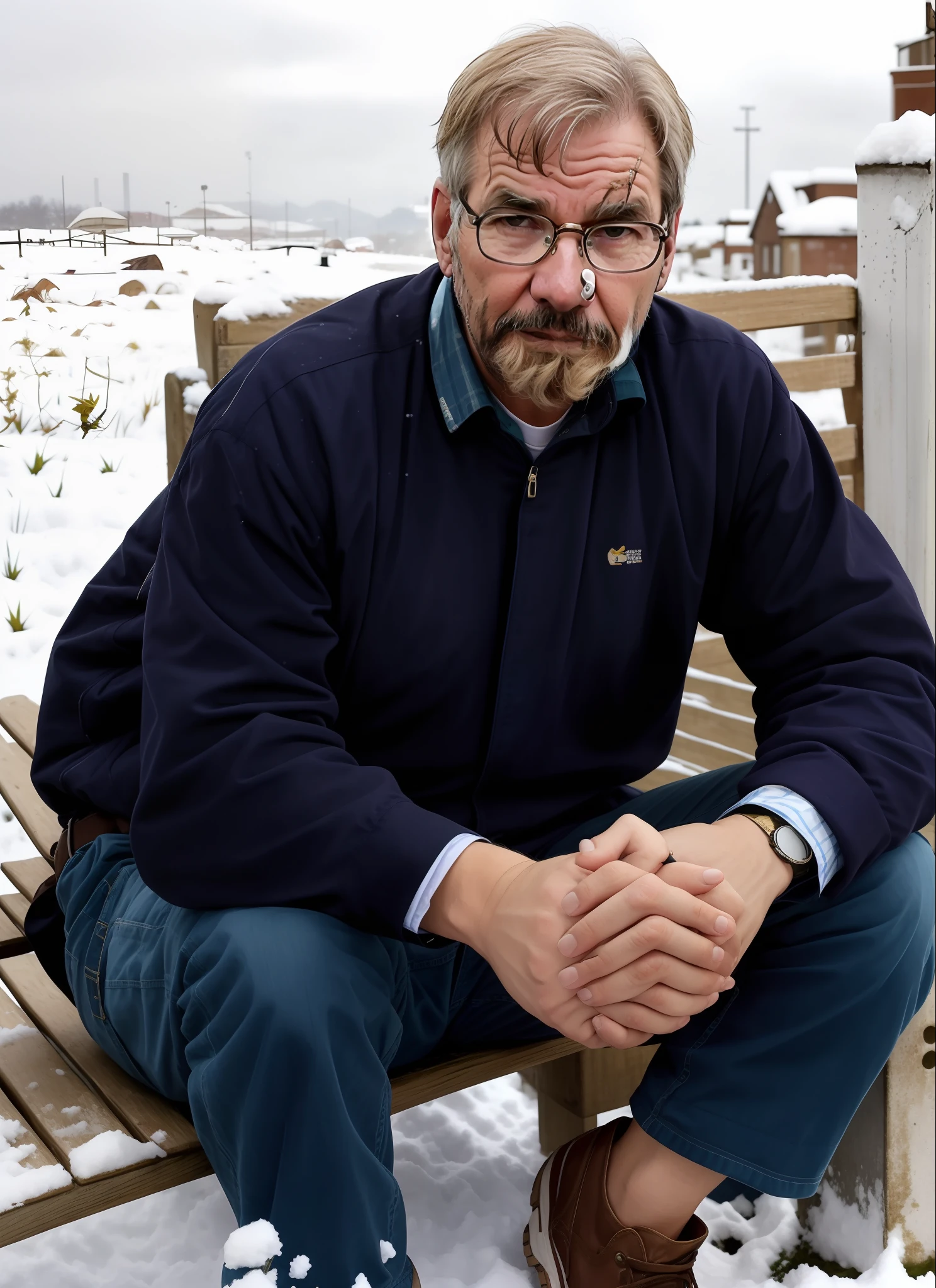 there is a man sitting on a bench in the snow, Estilo de Denis Villeneuve, Denis Villeneuve filme olhar, Bo Burnham, Denis Villeneuve, Homem na casa dos 40 anos, Harrison Ford, Indiana Jones, fazendo o olhar bateman, Jovem Jim Caviezel, harrison ford, {olhar incerto}, foto do perfil