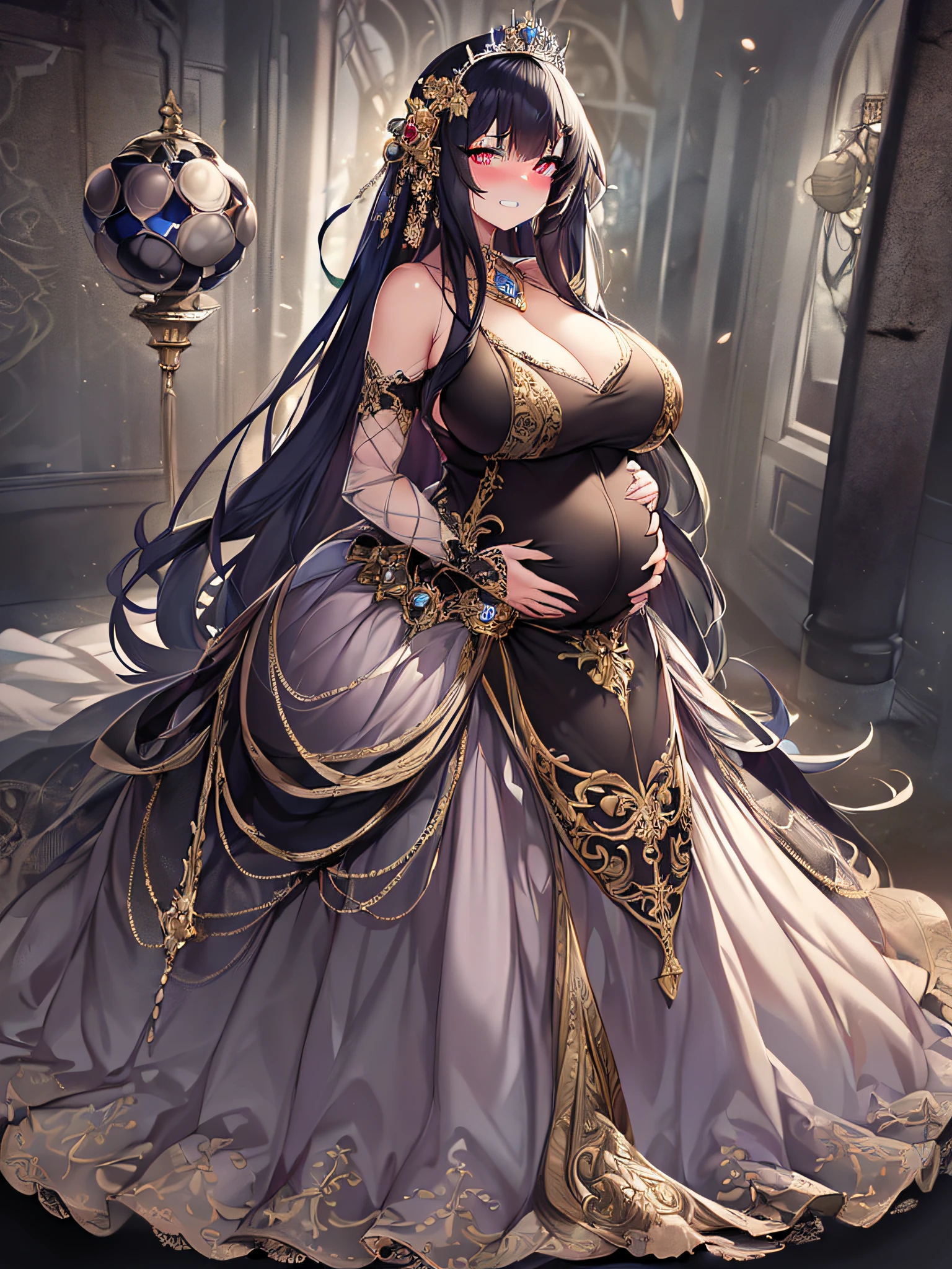 ((anime artstyle)),(Masterpiece),(Best Quality), (Super Detail),((Very Delicate and Beautiful)),Focus on character,Dynamic Angle,Looking at viewer,((Solo)),standing,(((full body))),(((one evil pregnant princess in gorgeous ball gown with voluminous skirt))),detailed face and eyes,((heavily pregnant)),((clenched teeth,blush)),embarrassed,jewel-like eyes,((Very Long voluminous Hair)),gorgeous embroidery and lace,See-through,ornate ruffles,Gorgeous jewelry ornaments,luxury hair ornament,luxury and evil tiara with jewels,(gigantic breasts,Long breasts),full body,(((evil and dark atmosphere))),full body,heavily pregnant,(inside of prison),jeweled evil ball gown,(((gorgeous ball gown with voluminous skirt)))