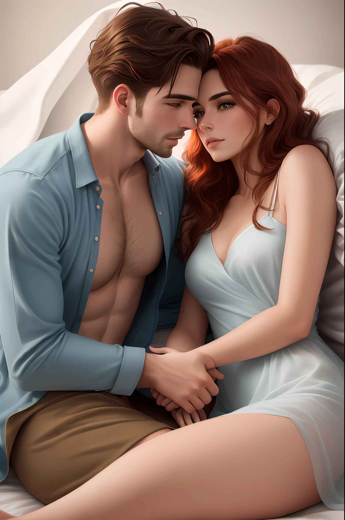 Obra de arte realista, Brown-haired man, Mujer pelirroja, 23-year-olds, acostados en una cama, Looking at each other with desire, acariciando suavemente su piel, wrapped between the sheets