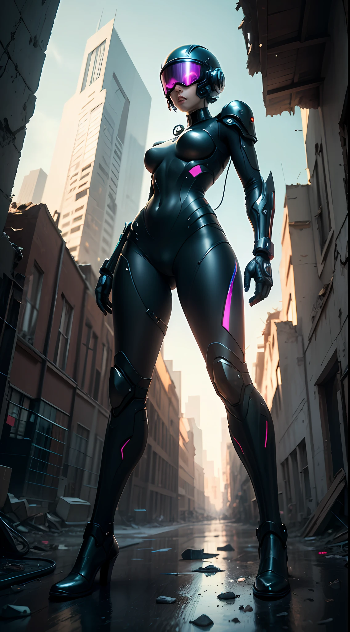 Preposterous， high resolucion， glint， refractions：1.4， ultra detaile：1.4， （realisticlying：1.4， ultra-high-resolution， RAW photos）， [[bokeh， blur backgroun]] BREAK（cyberpunked：1.4），（（A cyborg wearing a web helmet head））， 独奏， Whole human body：1.2， （Rainbow white body：1.6）， （（Mechanical limb））， character focus：1.2 Breaking science fiction， Cinematic Light， In the ruins of dark decay， （（extreme wide angle：1.2））， Dutch angle， Shoot from below：1.6 BREAK，[Neonpunkai，Vibrant glow，Dynamic colors，Striking contrast，futuristic vibe，electric energy，reflective surface] --auto
