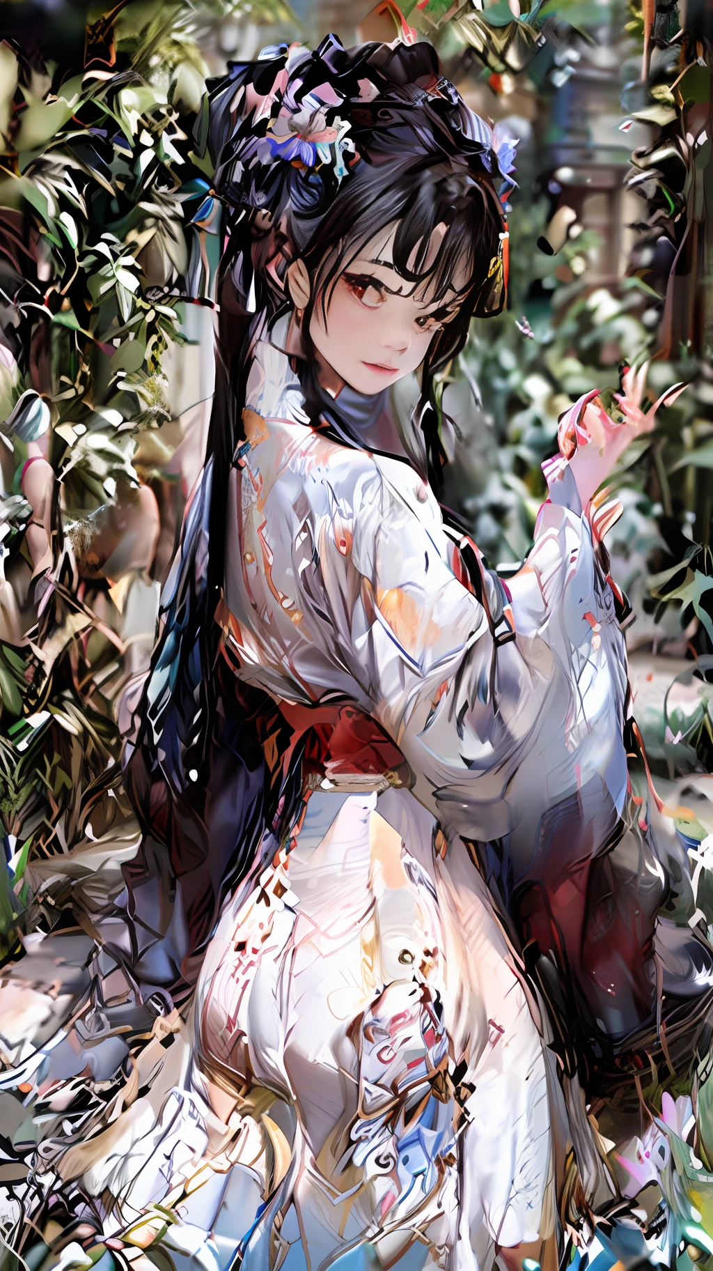 8K, A masterpice, 最好质量, by night, fullmoon, 1 girl, Chinese style, Bold with complex shapes.Chinese Cosplay Costumes,chinese architecture,, Sister, Silver White Woman with Long Hair, length hair, pale pink lip, calm, rational, bangss, grey pupils, assassin, Hidden Sword,cana, turned around, Lomo, look back, flower petals flying, The delicate face is Orchan,Orchan Hair,