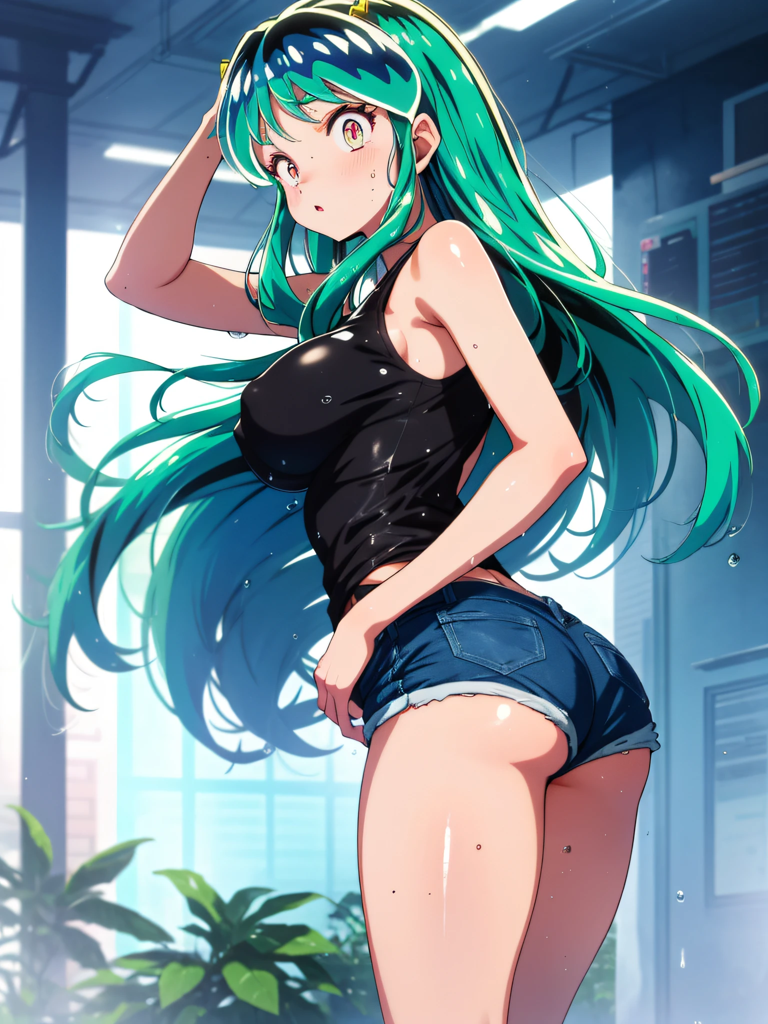 Lum invadeer, big boobs, wet, sweat, Best Quality, Ultra High Definition, Max Resolution, Ultra Detail, Anime, Bottom, A Girl, Very Cute, Medium Hair, Black Hair, Hair Ribbon, Hairpin, Colored Eyes, Short Shorts, Big Ass, Nipples