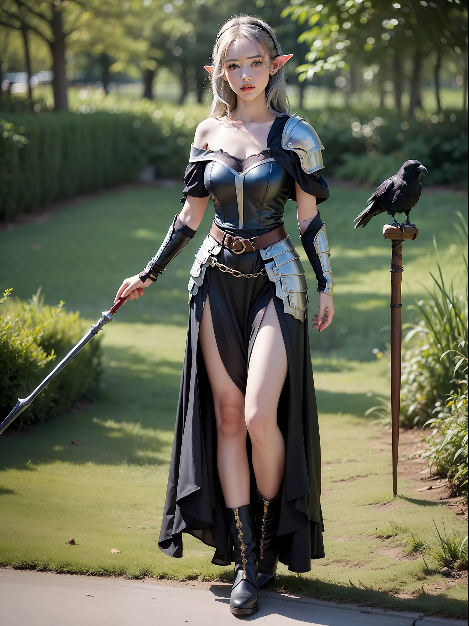 Best quality, masterpiece, ultra high res, (photorealistic:1.4), raw photo, 1girl, offshoulder, in the dark, deep shadow, low key, cold light, green eyes, elf ears, very long hair, bangs, leather fantasy clothes, elf girl, big bust, cute face, full body, medieval , (((full body))), silver details, medieval clothes, detailed face, boots, (((magic staff))), beltt, bracelets, (((shoulder armor))), elegant, (((furr))), dress, (((crow in her shoulder)))
