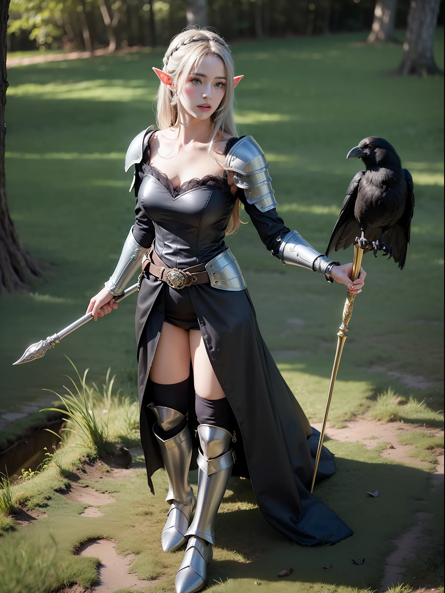 Best quality, masterpiece, ultra high res, (photorealistic:1.4), raw photo, 1girl, offshoulder, in the dark, deep shadow, low key, cold light, green eyes, elf ears, very long hair, bangs, leather fantasy clothes, elf girl, big bust, cute face, full body, medieval , (((full body))), silver details, medieval clothes, detailed face, boots, (((magic staff))), beltt, bracelets, (((shoulder armor))), elegant, (((furr))), dress, (((crow in her shoulder)))
