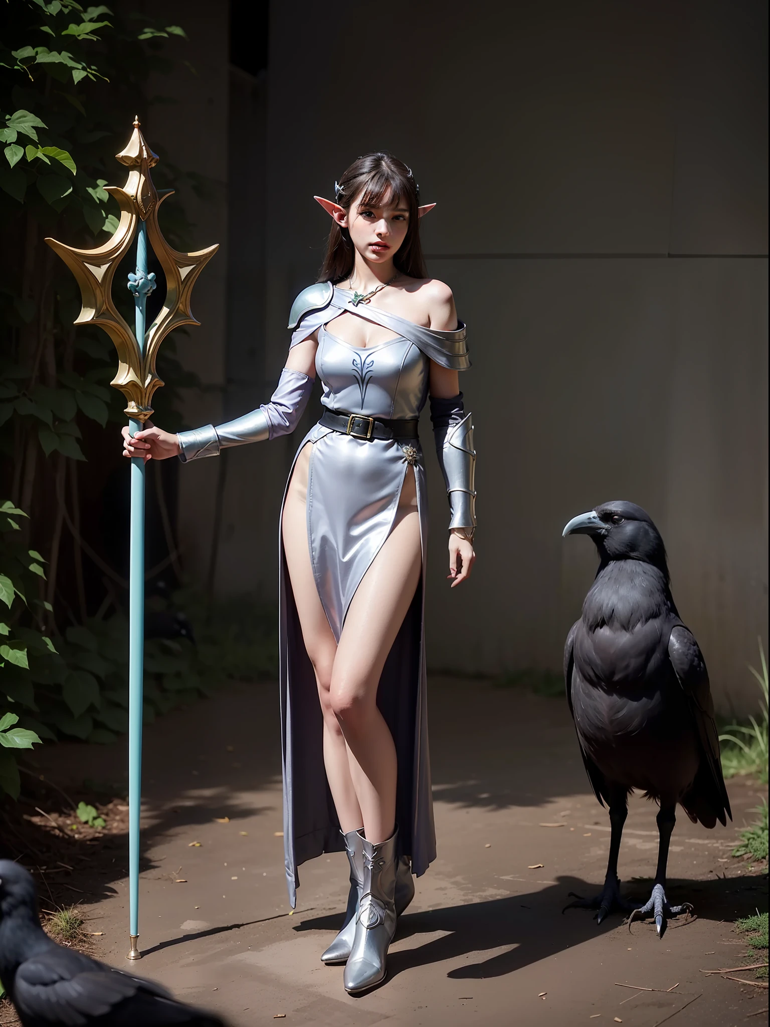 Best quality, masterpiece, ultra high res, (photorealistic:1.4), raw photo, 1girl, offshoulder, in the dark, deep shadow, low key, cold light, green eyes, elf ears, very long hair, bangs, leather fantasy clothes, elf girl, big bust, cute face, full body, medieval , (((full body))), silver details, medieval clothes, detailed face, boots, (((magic staff))), beltt, bracelets, (((shoulder armor))), elegant, (((furr))), dress, (((crow in her shoulder)))