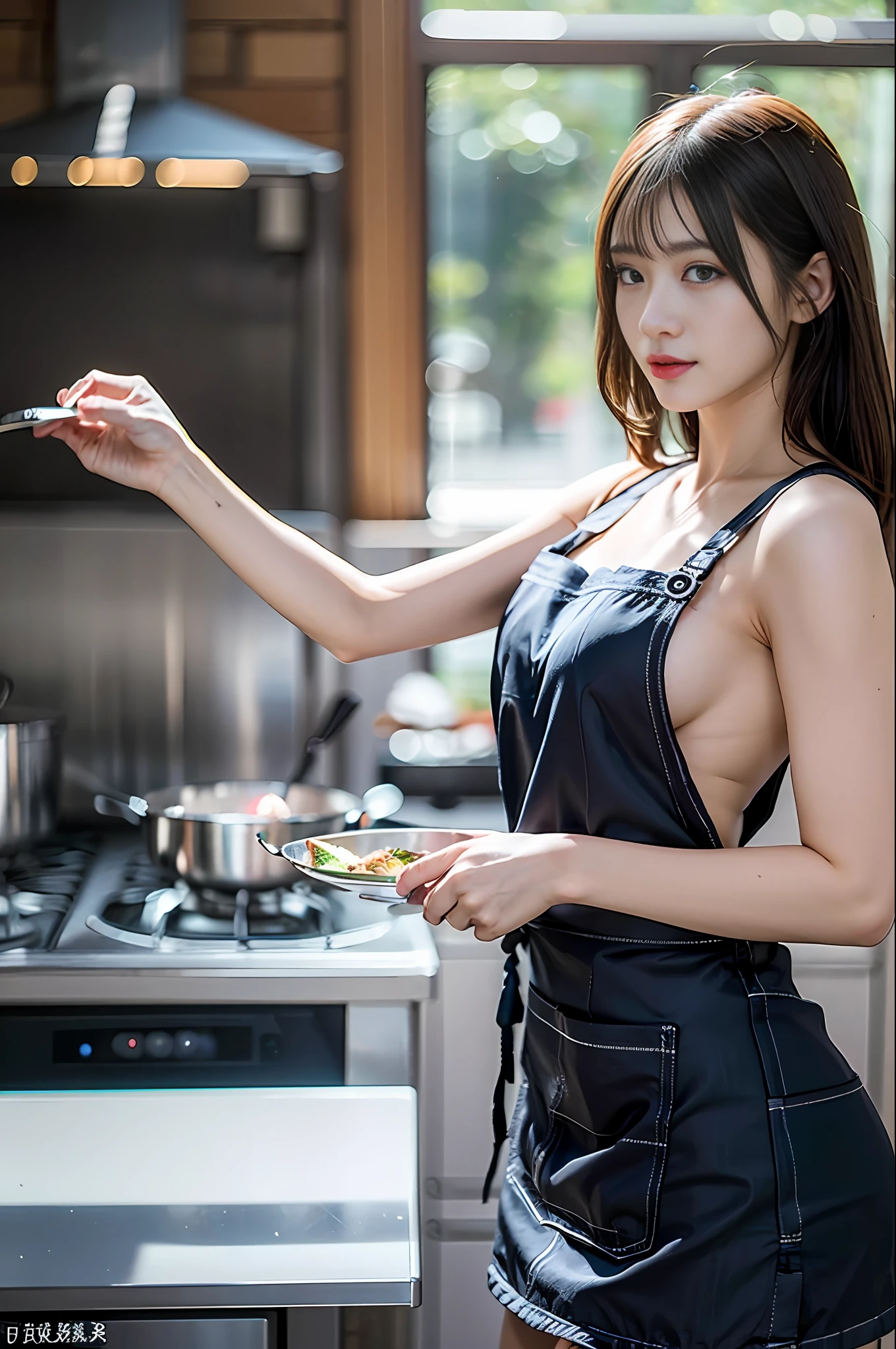 {{Far Wide Shot}}, quality, ultra realistic, (real:1.3), photorealistic photography, sharp focus, hyper detail, detail, background, attractive, beautifully detailed eyes, (detailed skin), small, full body, pretty woman cooking in naked apron, from the side,