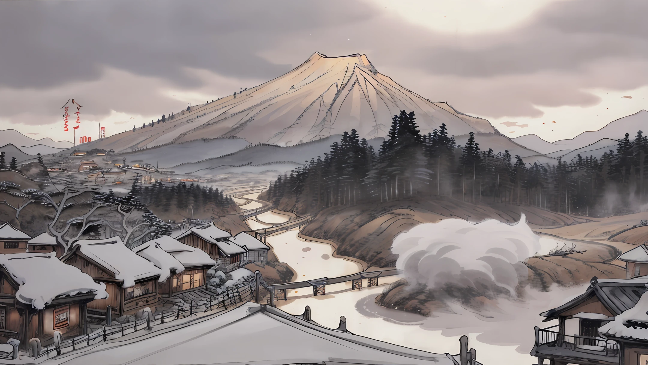 Snow view、jpn、ancientry、townscape、Lots of buildings、by night、Steaming、lantern、paper lanterns、Heavily detailed、Mountains、Immortals