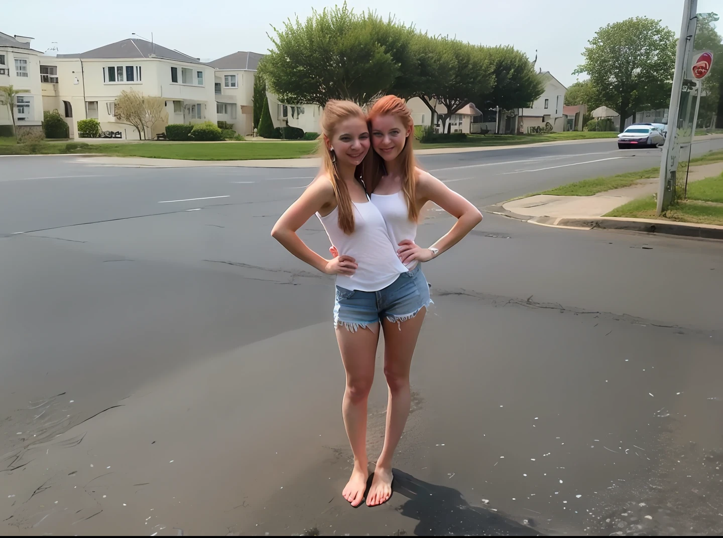 2heads, two headed girl, (one torso:1.5), pale skin, (redhead:1.4), ager, white girls, (two heads on one body:1.4), (first head uncomfortable:1.5), (second head unhappy:1.5) conjoined twins, heads side by side, one torso, young, uncomfortable, barefoot