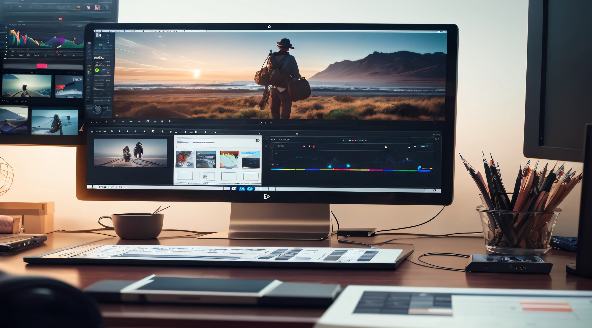 there is a computer monitor sitting on a desk with a laptop, post - production, post - production, post - production, 8K post-production, 8 k post - production, 8 k post production, 8k post production, O melhor no Adobe Stock, professional digital edit, compositing, 8 k uhd post - production, Classificado com davinci resolve