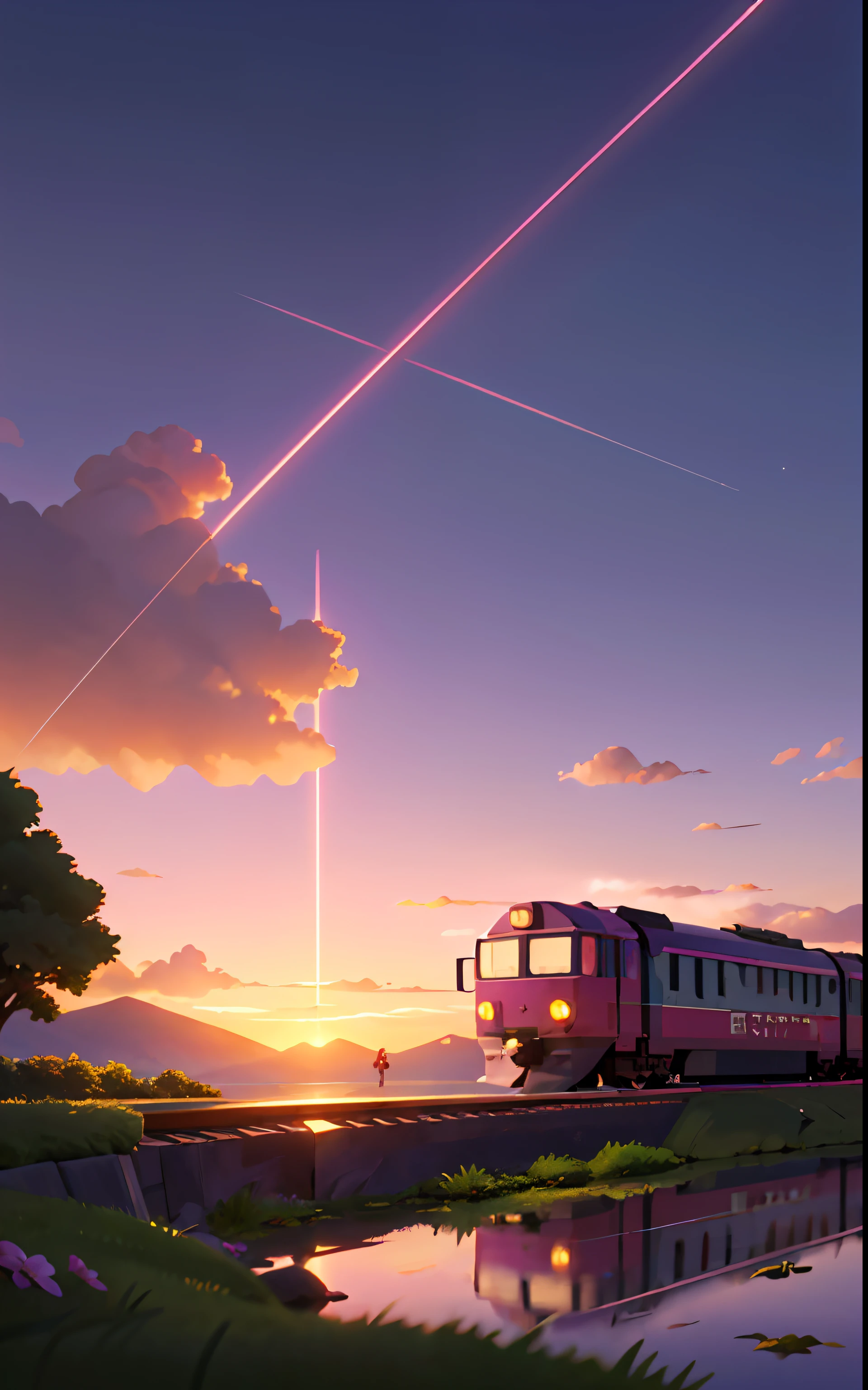 anime scene of a train passing under a pink and purple sky, an anime drawing by Makoto Shinkai, trending on pixiv, magical realism, beautiful anime scene, cosmic skies. by makoto shinkai, ( ( makoto shinkai ) ), by makoto shinkai, anime background art, style of makoto shinkai