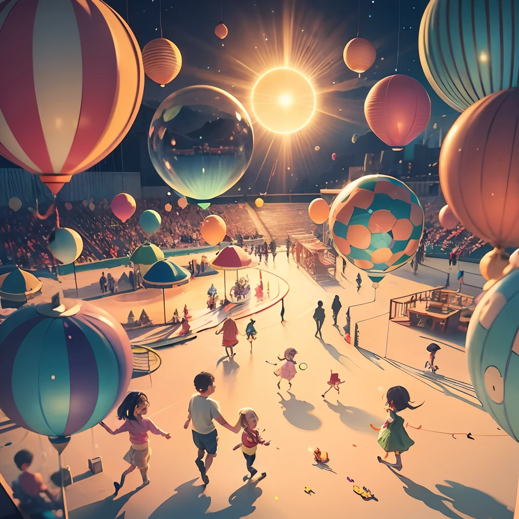 A fascinating colorful playground full of happy children in colorful clothes playing with running, with a ball, with soap bubbles, with dolls, the floor is made of glitter that shines like the sun, creating a simple happy environment, captured through a book illustration detailed childish, --auto --s2