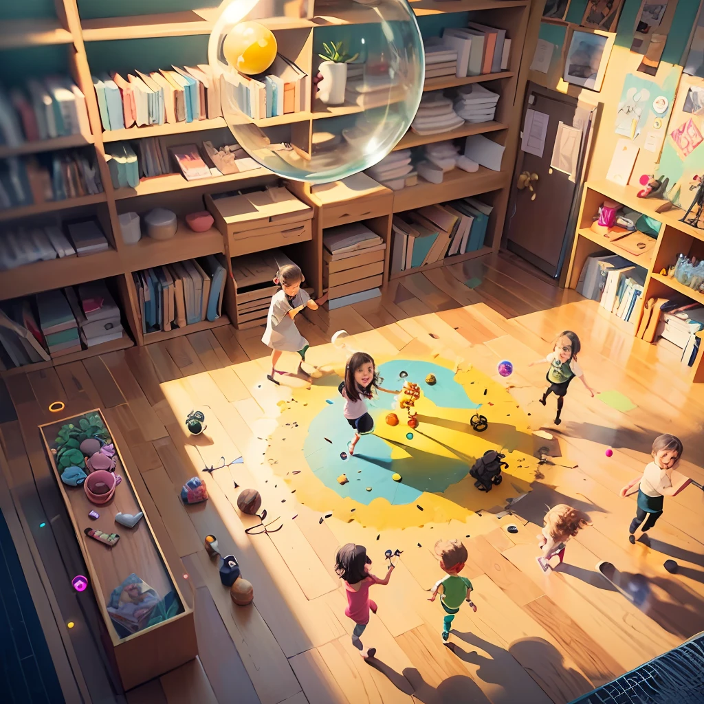 A fascinating colorful playground full of happy children in colorful clothes playing with running, with a ball, with soap bubbles, with dolls, the floor is made of glitter that shines like the sun, creating a simple happy environment, captured through a book illustration detailed childish, --auto --s2