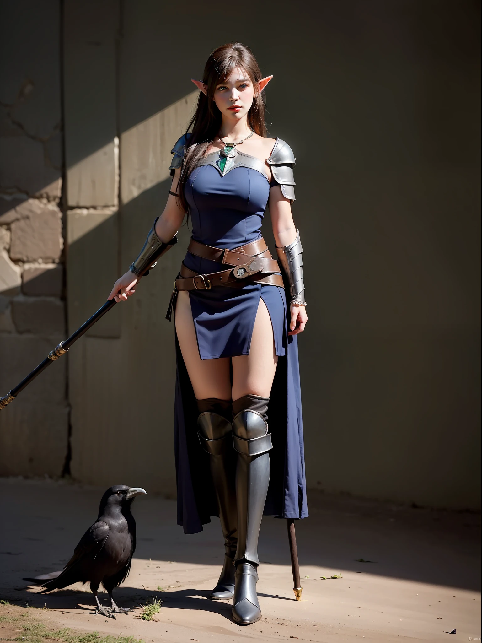Best quality, masterpiece, ultra high res, (photorealistic:1.4), raw photo, 1girl, offshoulder, in the dark, deep shadow, low key, cold light, green eyes, elf ears, very long hair, bangs, leather fantasy clothes, elf girl, big bust, cute face, full body, medieval , (((full body))), silver details, medieval clothes, detailed face, boots, (((magic staff))), beltt, bracelets, (((shoulder armor))), elegant, (((furr))), dress, (((crow in her shoulder)))