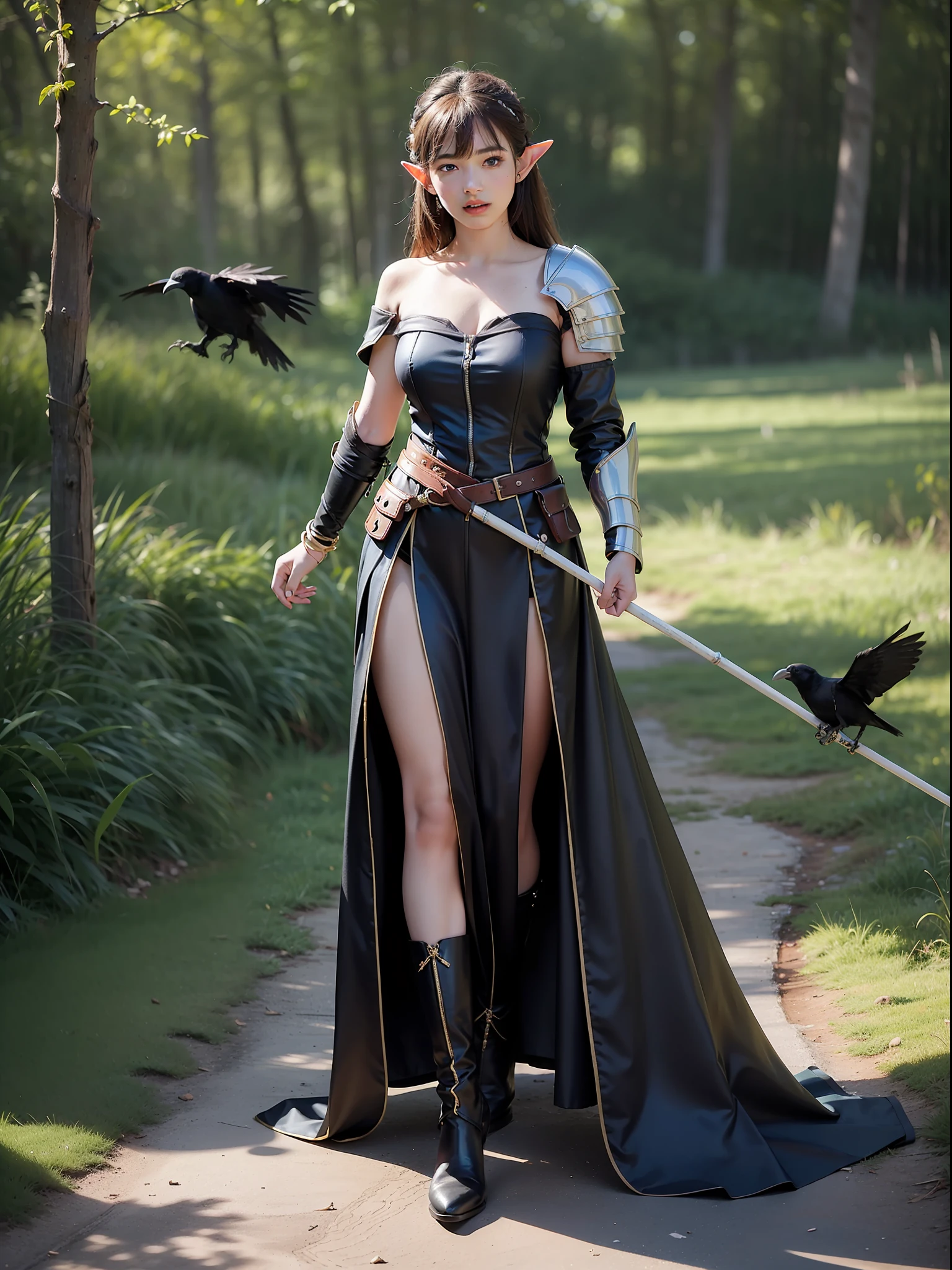 Best quality, masterpiece, ultra high res, (photorealistic:1.4), raw photo, 1girl, offshoulder, in the dark, deep shadow, low key, cold light, green eyes, elf ears, very long hair, bangs, leather fantasy clothes, elf girl, big bust, cute face, full body, medieval , (((full body))), silver details, medieval clothes, detailed face, boots, (((magic staff))), beltt, bracelets, (((shoulder armor))), elegant, (((furr))), dress, (((crow in her shoulder)))