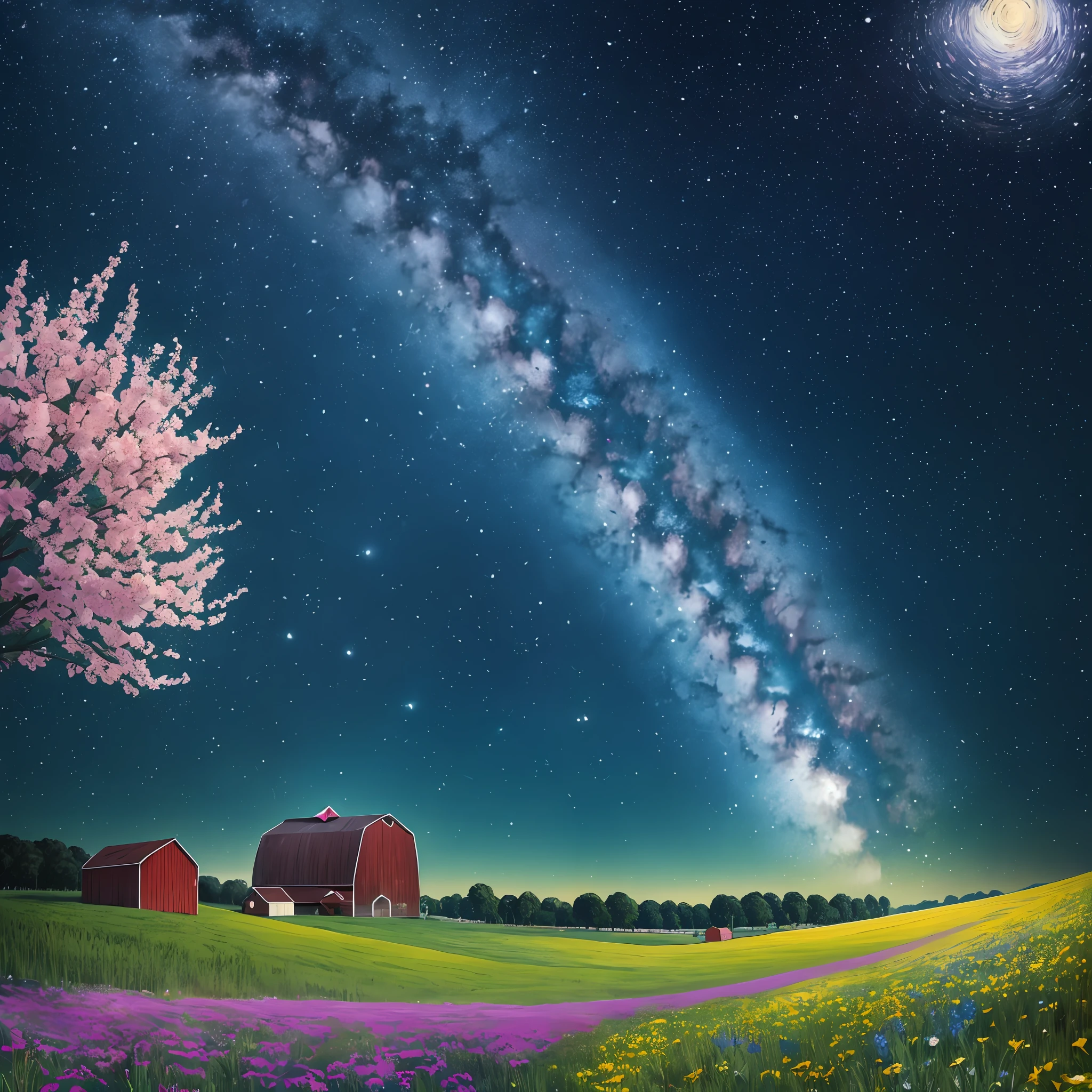 starry night sky with a field of wildflowers and a barn, in style of van gogh, van gogh style, van gogh art style, inspired by Van Gogh, vincent van gogh style, inspired by Vincent Lefevre, 4k highly detailed digital art, inspired by Vincent Van Gogh, its a deep dream, inspired by Vincent Di Fate, stylized digital art --auto --s2