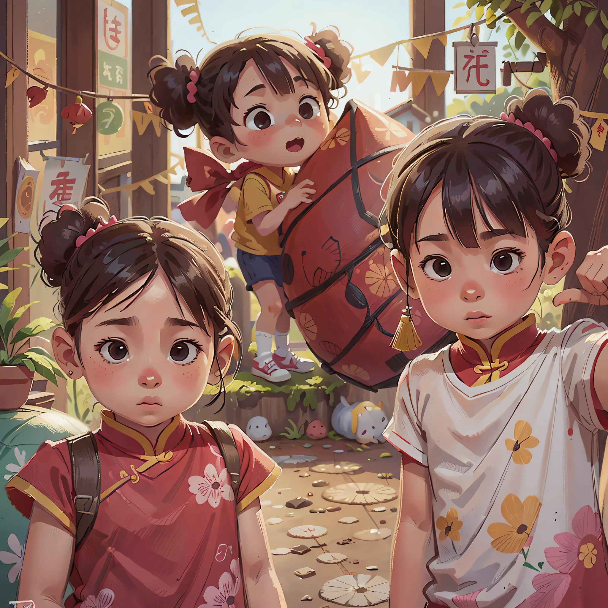 Cute kids standing，Graphic illustration，Chinese painting style，Opera，exquisite facial features，Frontal whole body