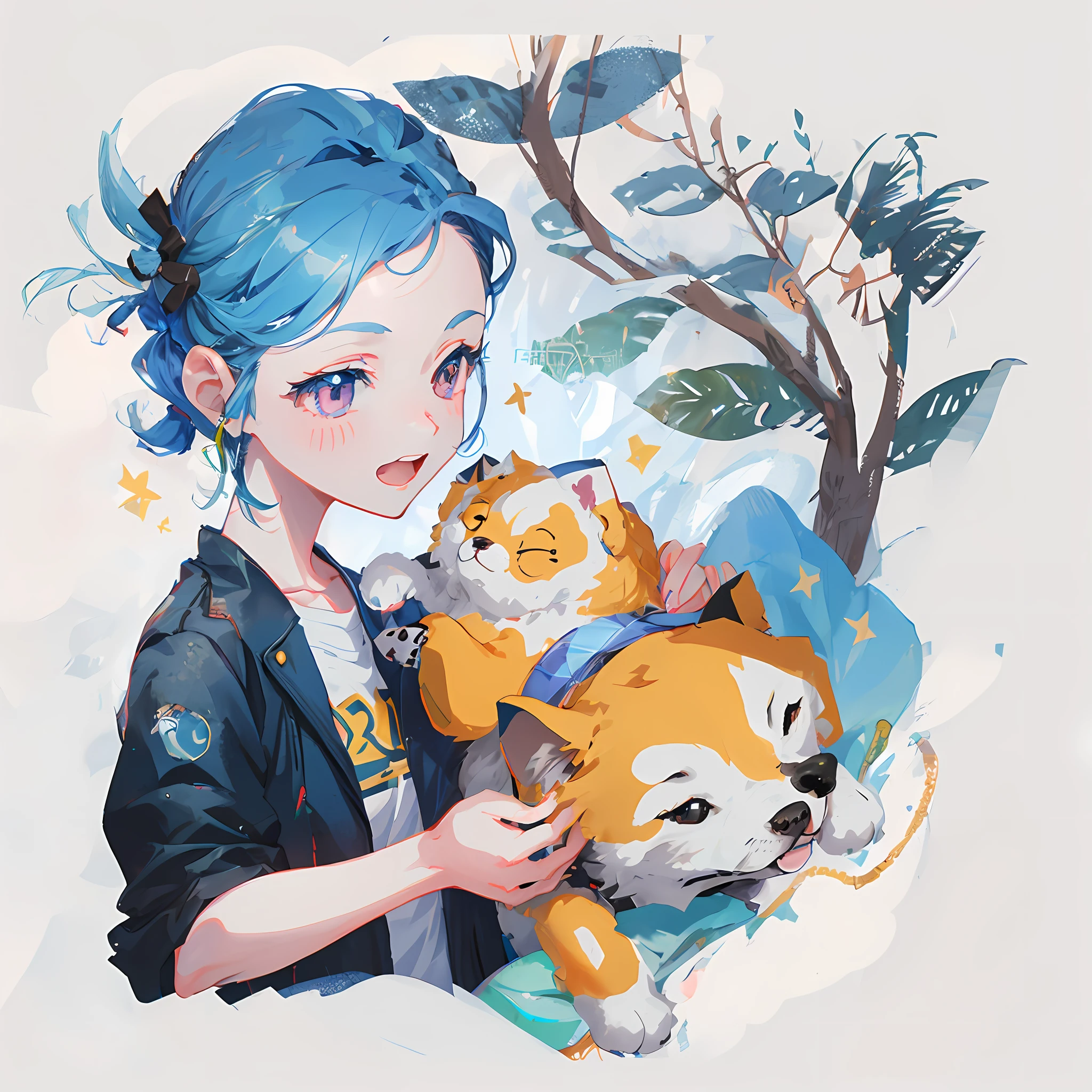 Anime girl with blue hair holding plush Akita Inu,digital anime illustration,adorable digital art,2D插图