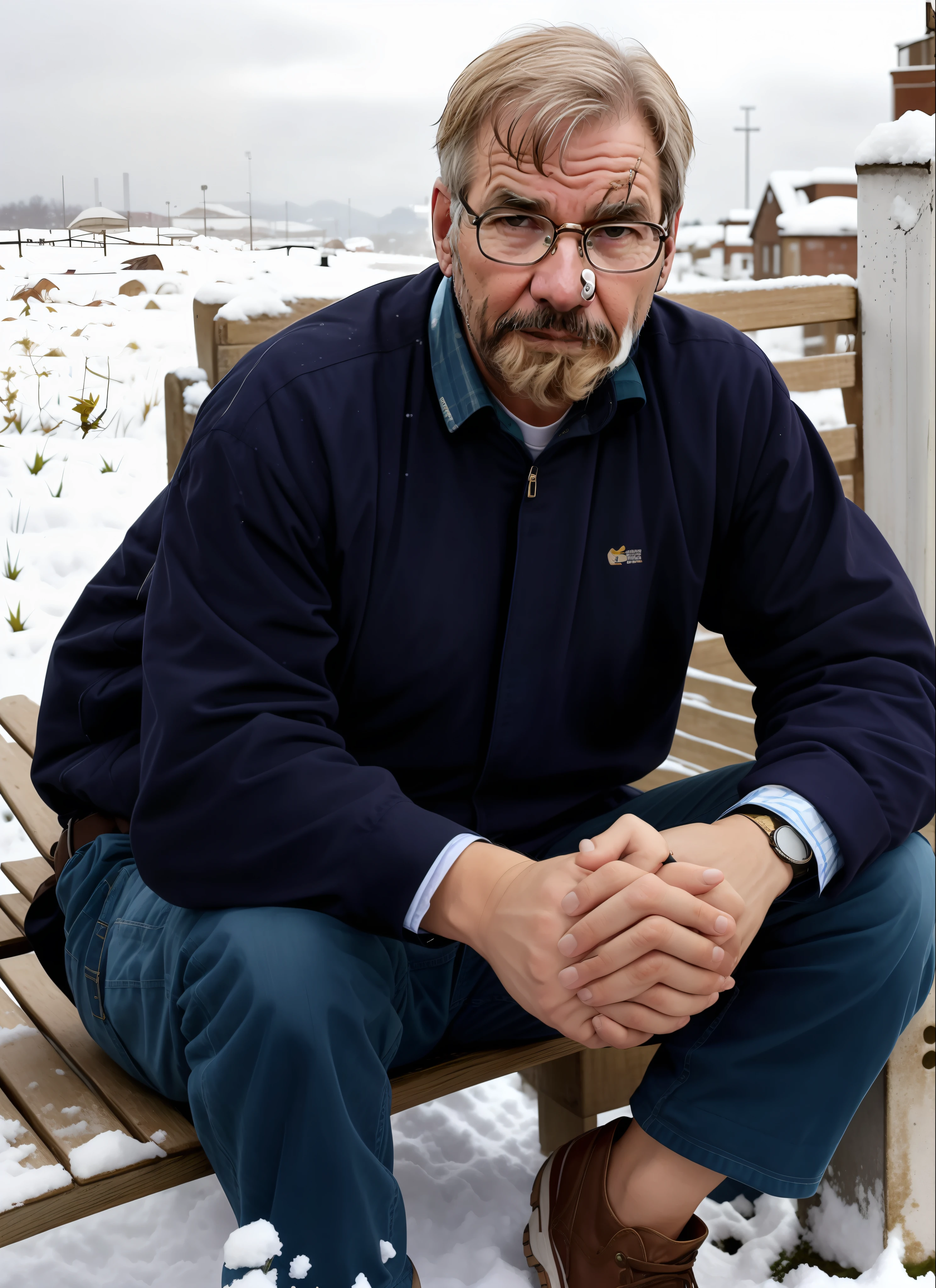 there is a man sitting on a bench in the snow, Estilo de Denis Villeneuve, Denis Villeneuve filme olhar, Bo Burnham, Denis Villeneuve, Homem na casa dos 40 anos, Harrison Ford, Indiana Jones, fazendo o olhar bateman, Jovem Jim Caviezel, harrison ford, {olhar incerto}, foto do perfil