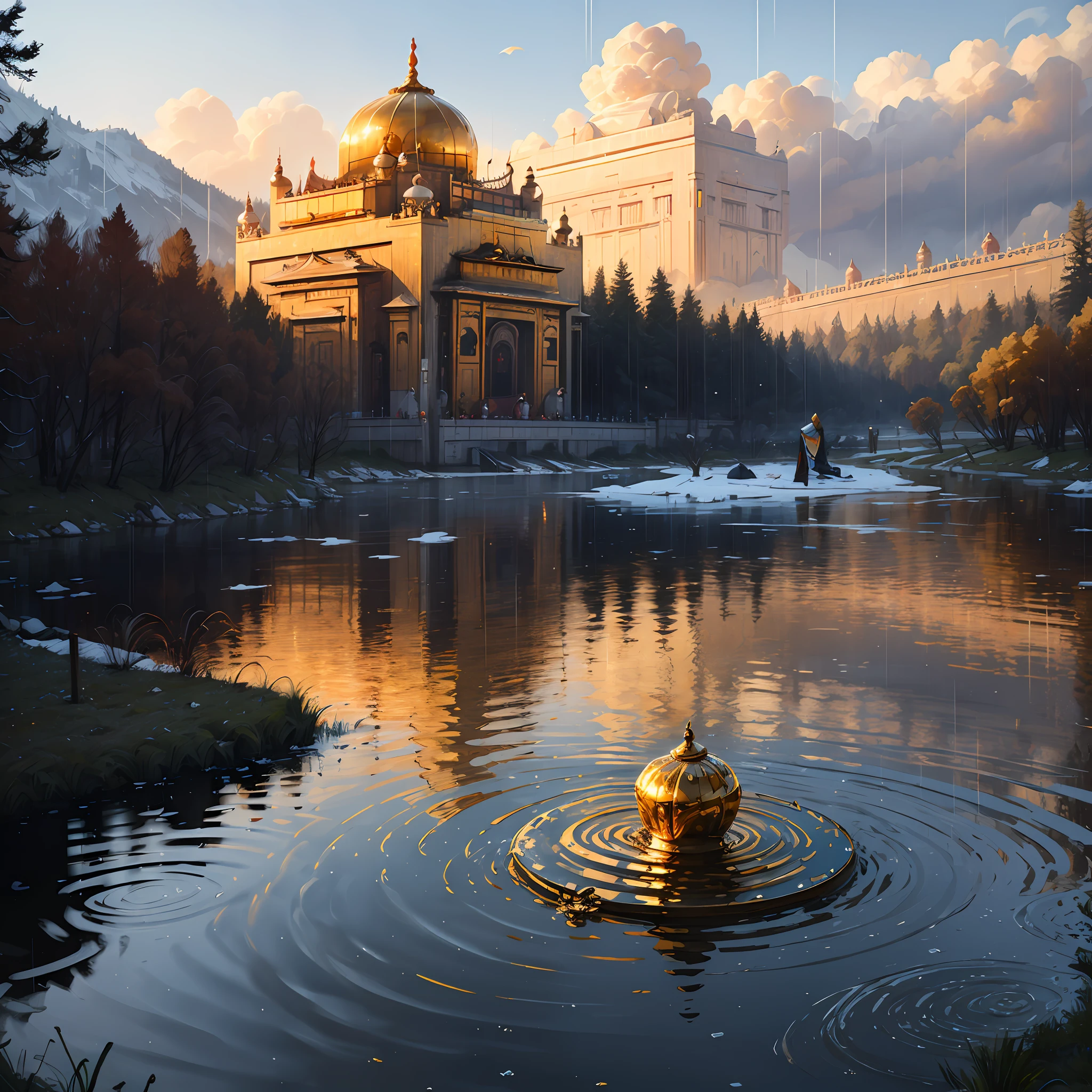 There is a huge ice crystal lake,Above the lake is a giant golden temple floating in the air。There are many golden colossias around the lake,It was raining in gold --auto