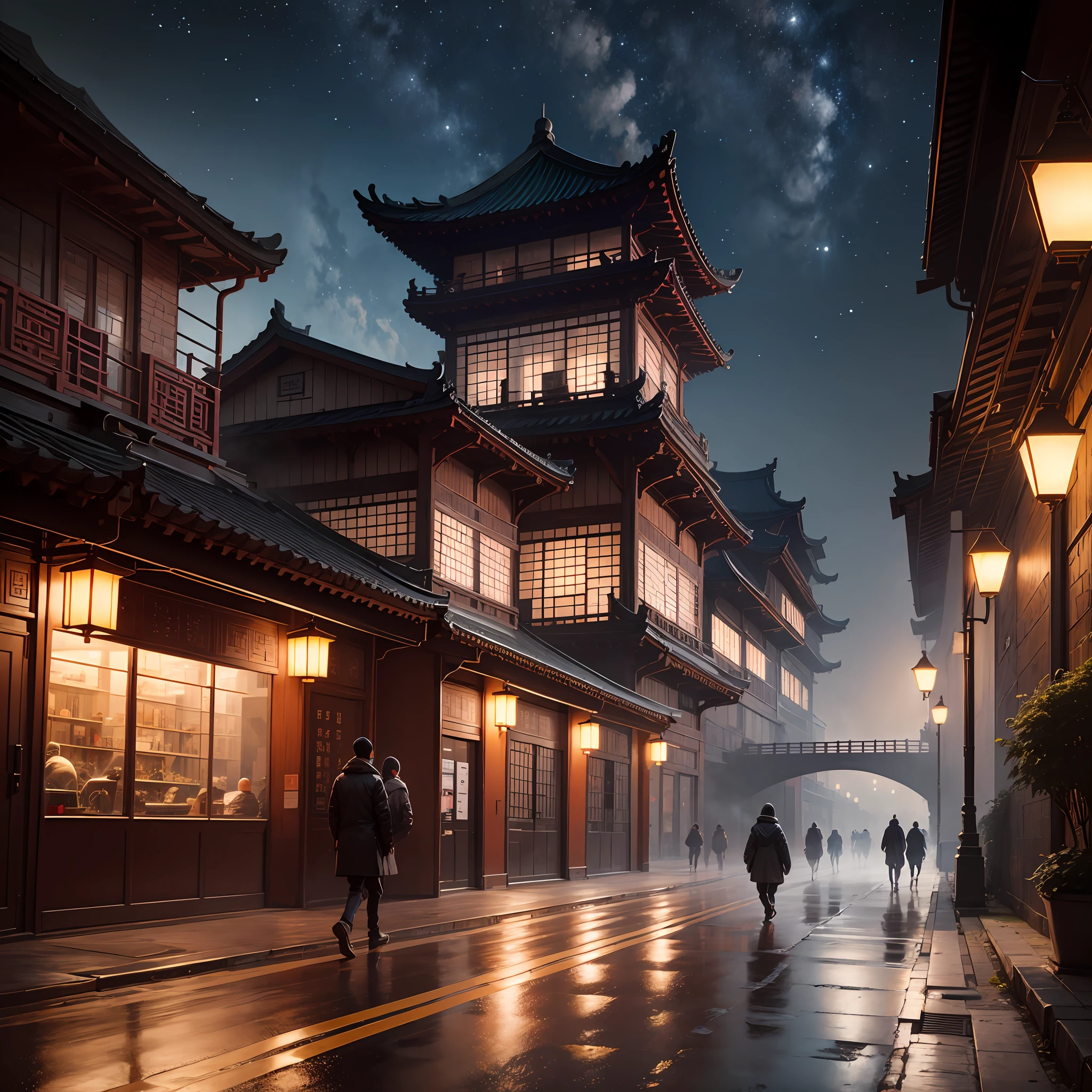 Industrial punk style,Chinese style architecture,Bridges,There is a flow of people walking around,A night without stars,There is a faint mist --auto