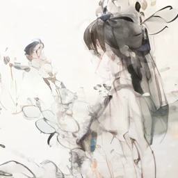 ((4k,masterpiece,best quality)), shuimobysim, Traditional chinese painting, lotuses, Green Hanfu, maxiskit, Dress conservatively 1girl, solo, White with a tall ponytail, Expressionlessly, to stand, Feet in the water, A barefoot,