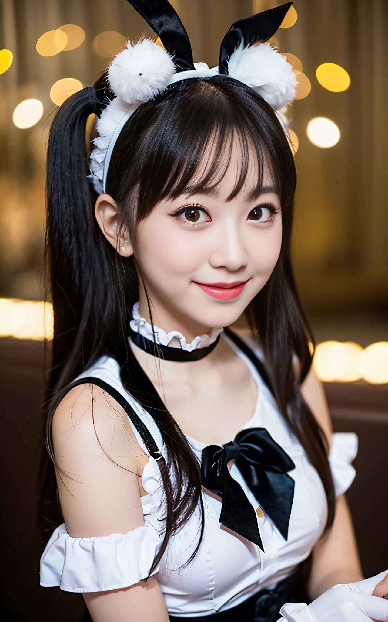8K, Black velvet bunny girl costume, velvet, a 20 yo woman, Bokeh background, bokeh feeling, Girl's room, a smile, White Skin Skin, Cute s, breasts on table, White choker and black bow tie, White cuffs, piggy tails hair